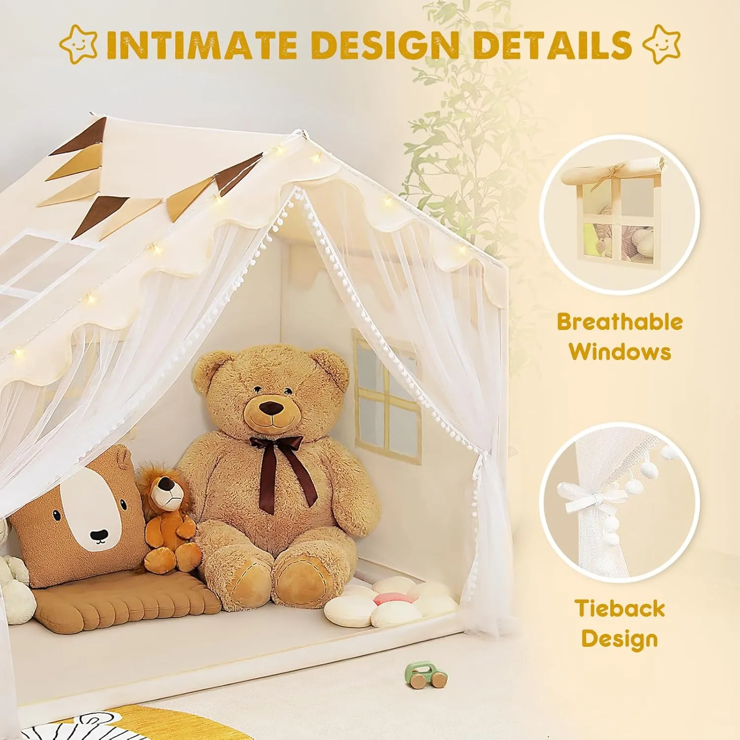 Kids Play Tent - Kids Tent Indoor with Star Lights and Flags, Toddler Tent for Ages 3-8, Playhouse for Girls Boys, 57" x 35" x 47" (Beige)