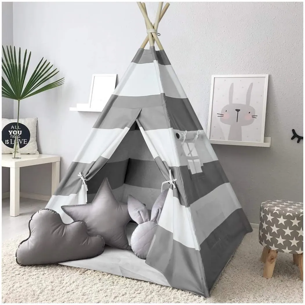 Kids Teepee Tent for Boys Indoor Outdoor Play House, Canvas Tipi Tent, Grey Stripe Teepee