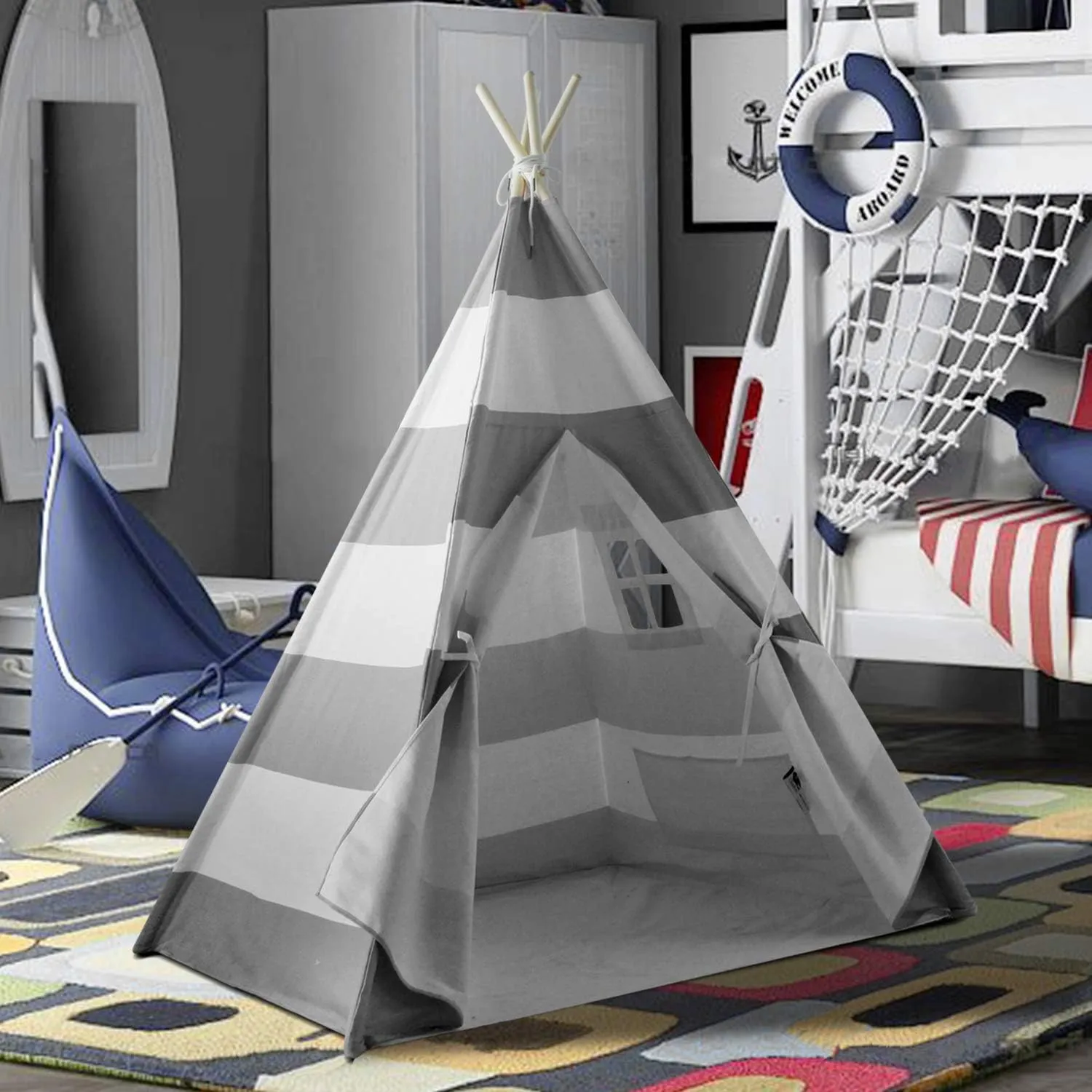 Kids Teepee Tent for Boys Indoor Outdoor Play House, Canvas Tipi Tent, Grey Stripe Teepee