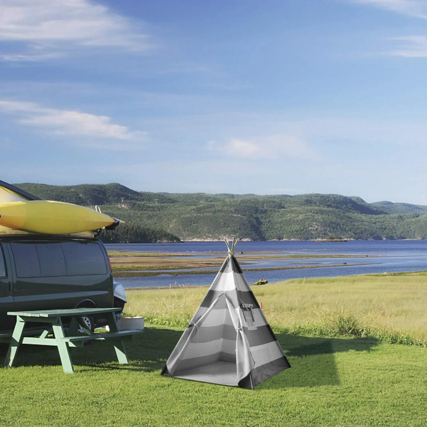 Kids Teepee Tent for Boys Indoor Outdoor Play House, Canvas Tipi Tent, Grey Stripe Teepee
