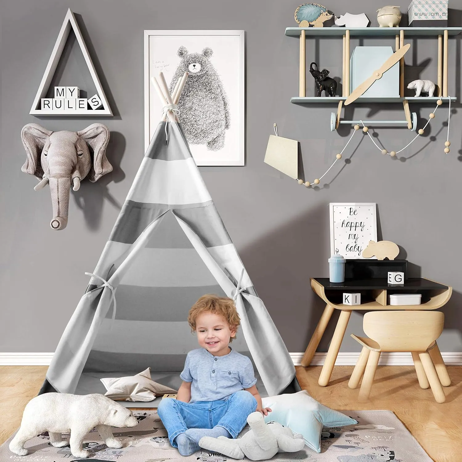 Kids Teepee Tent for Boys Indoor Outdoor Play House, Canvas Tipi Tent, Grey Stripe Teepee