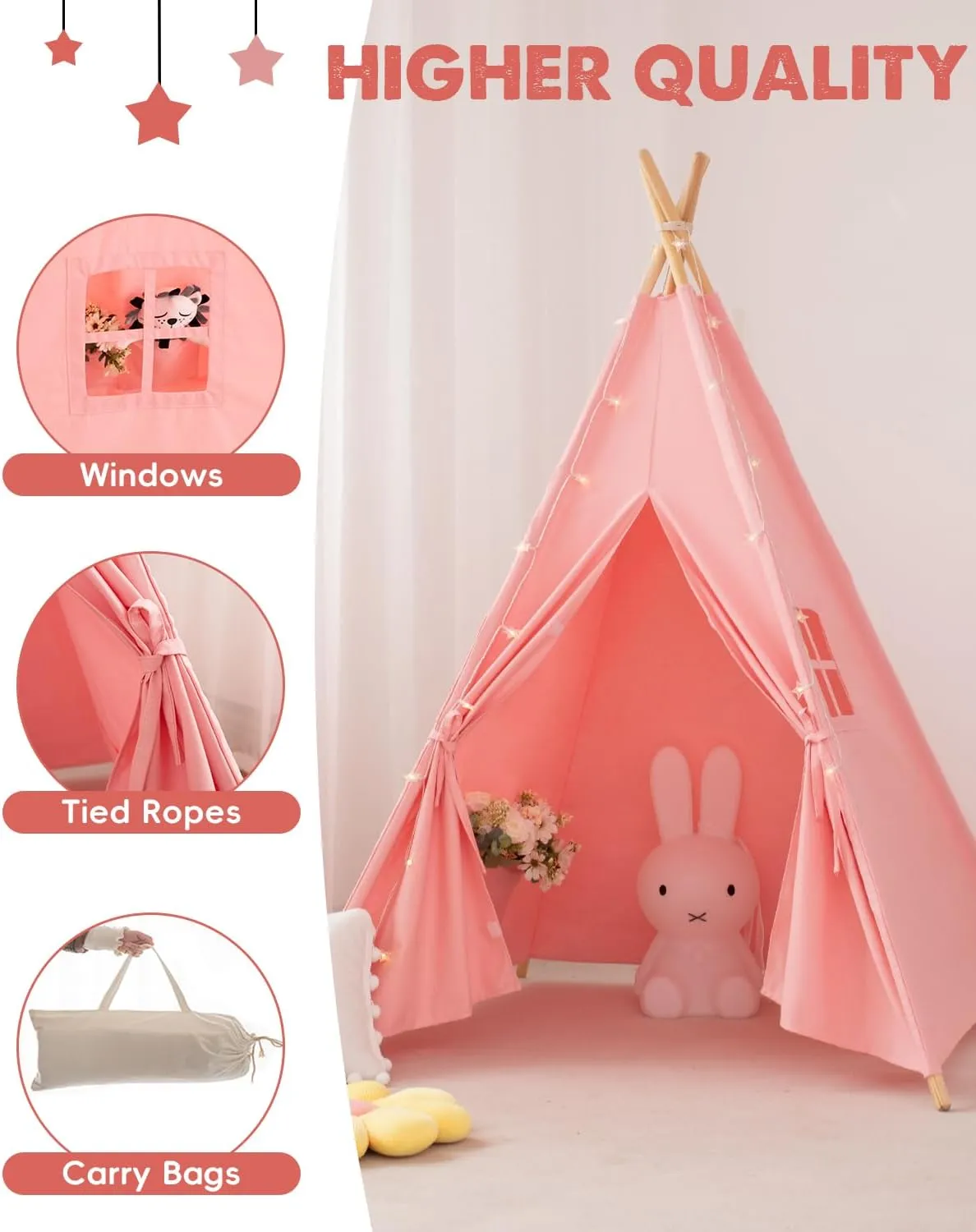 Kids Teepee Tent with Lights & Carry Bag, Natural Cotton Canvas Toddler Play Tent for Girls & Boys, Washable Foldable Indoor/Outdoor Teepee
