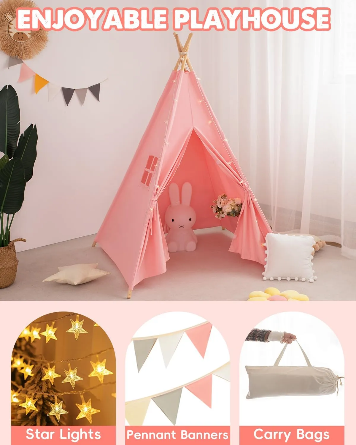Kids Teepee Tent with Lights & Carry Bag, Natural Cotton Canvas Toddler Play Tent for Girls & Boys, Washable Foldable Indoor/Outdoor Teepee