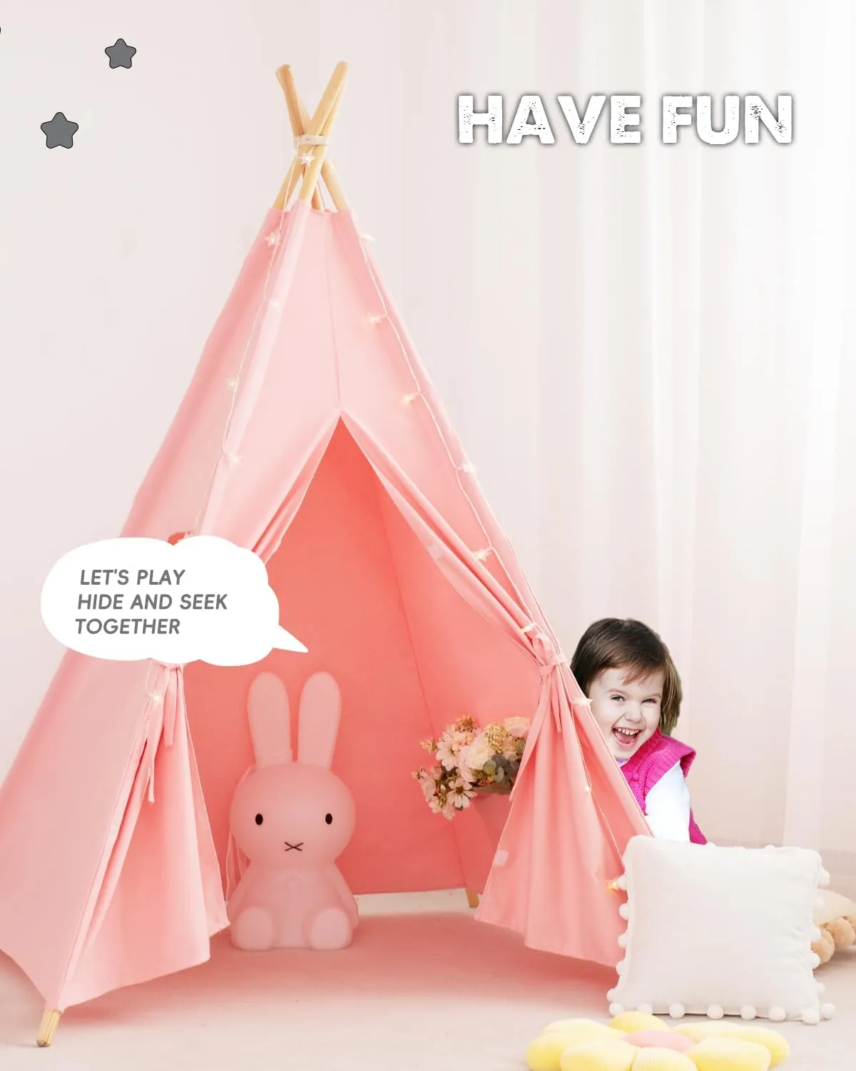 Kids Teepee Tent with Lights & Carry Bag, Natural Cotton Canvas Toddler Play Tent for Girls & Boys, Washable Foldable Indoor/Outdoor Teepee