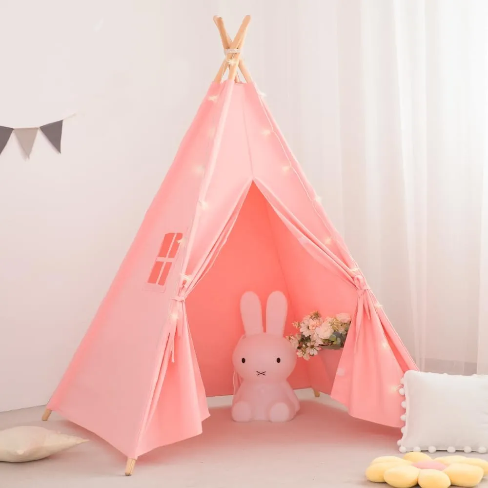 Kids Teepee Tent with Lights & Carry Bag, Natural Cotton Canvas Toddler Play Tent for Girls & Boys, Washable Foldable Indoor/Outdoor Teepee