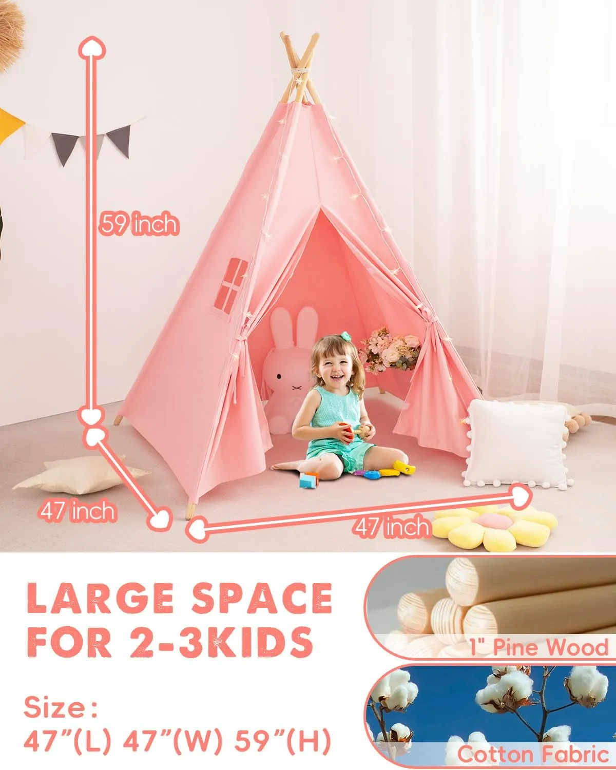Kids Teepee Tent with Lights & Carry Bag, Natural Cotton Canvas Toddler Play Tent for Girls & Boys, Washable Foldable Indoor/Outdoor Teepee