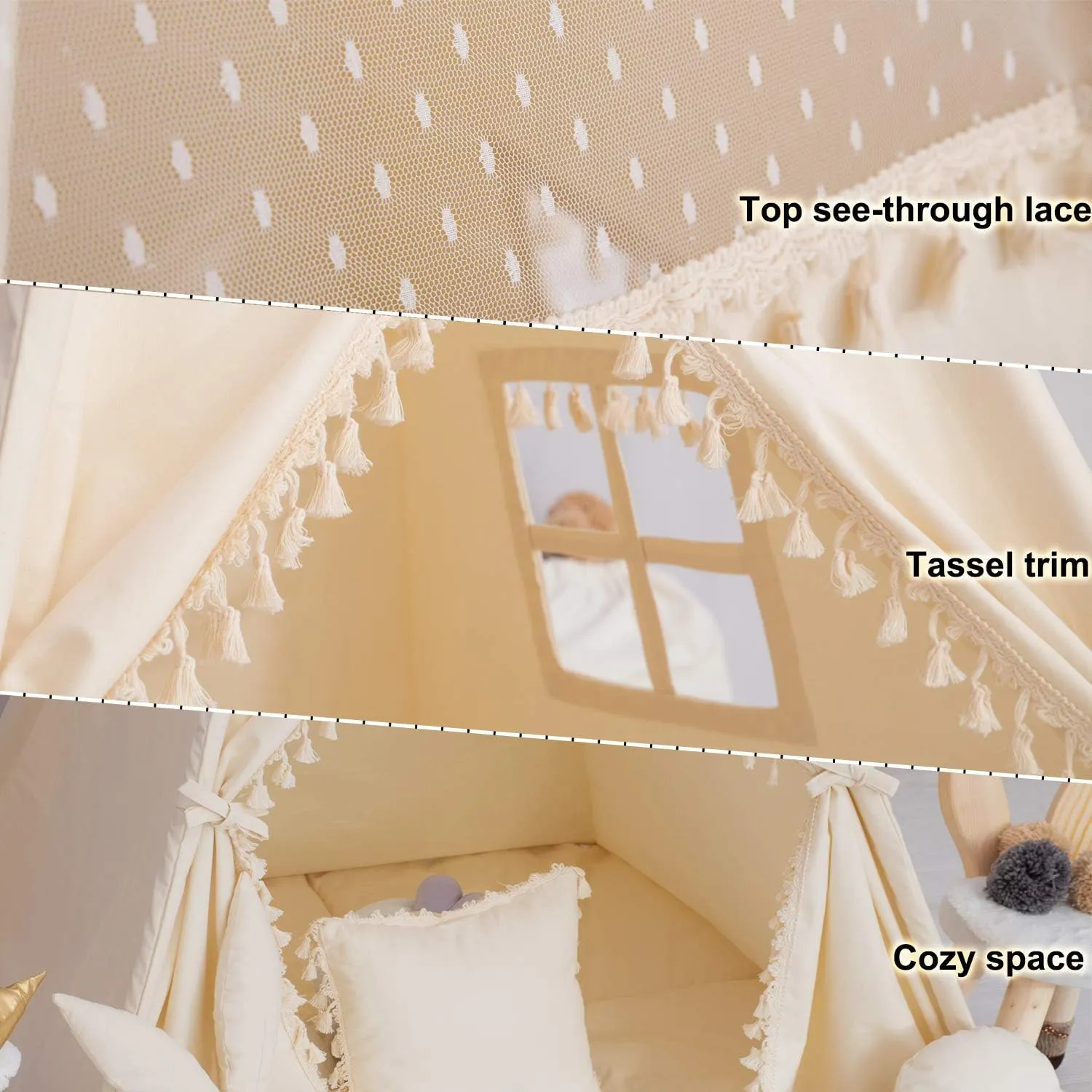 Kids Teepee Tent with Padded Mat, Banner, Fairy Lights, Yarn Ball, Carry Bag, Beige Cotton Canvas Play Tent for Child with Tassels Lace, Play House Tipi for Kids Room Decor