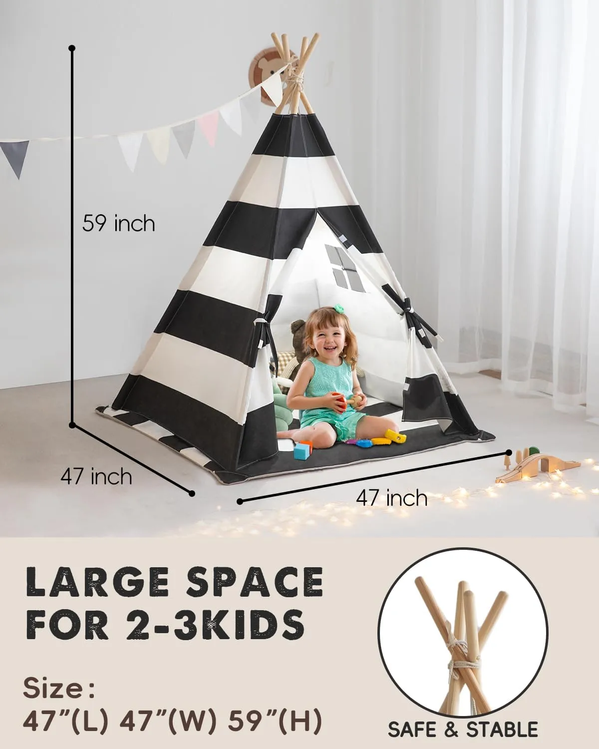 Kids Teepee Tent with Padded Mat,Lights, and Carry Bag,Natural Cotton Canvas Washable Playhouse for Indoor Use,Ideal Play Tent for Girls and Boys (Stripe Black)