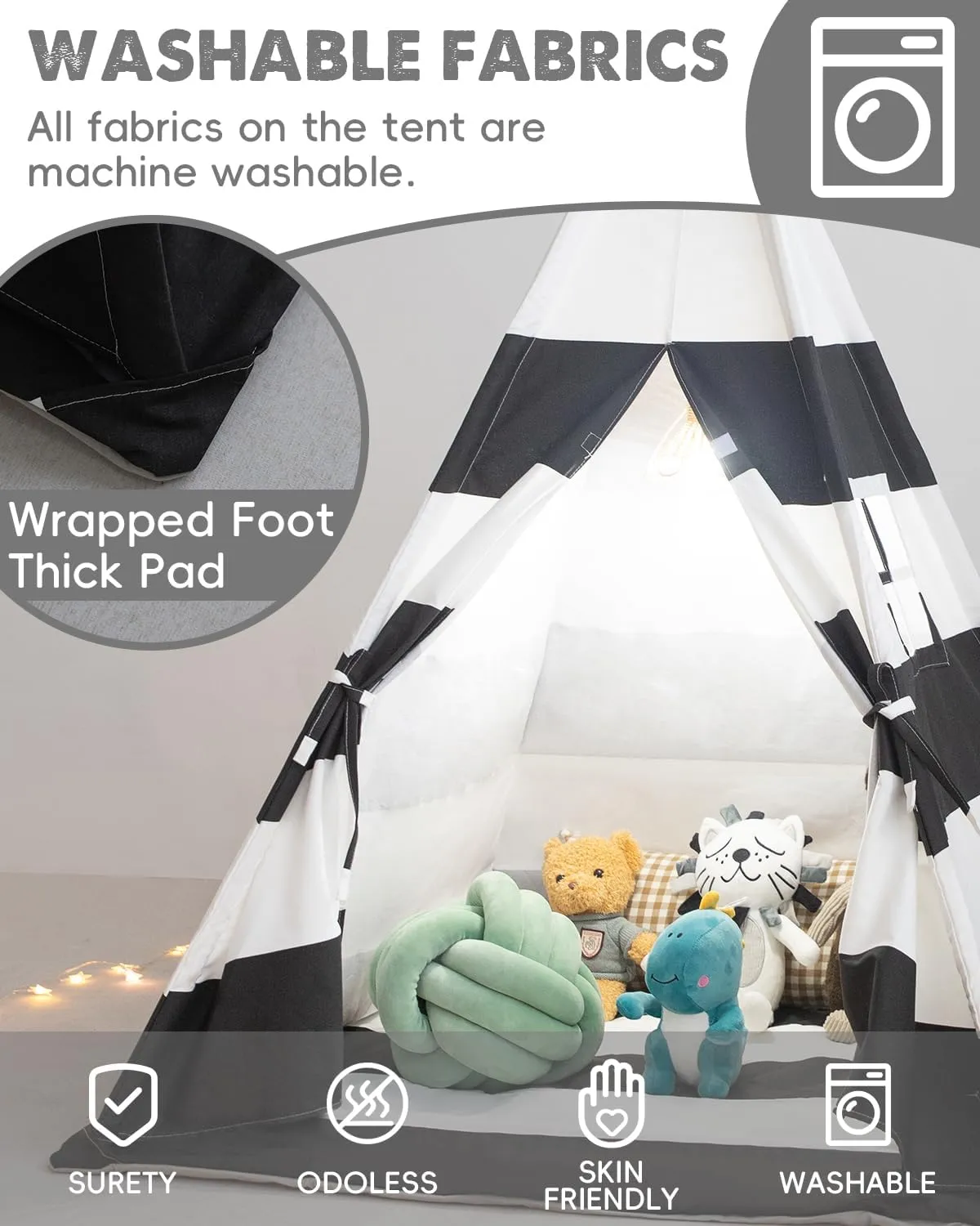 Kids Teepee Tent with Padded Mat,Lights, and Carry Bag,Natural Cotton Canvas Washable Playhouse for Indoor Use,Ideal Play Tent for Girls and Boys (Stripe Black)