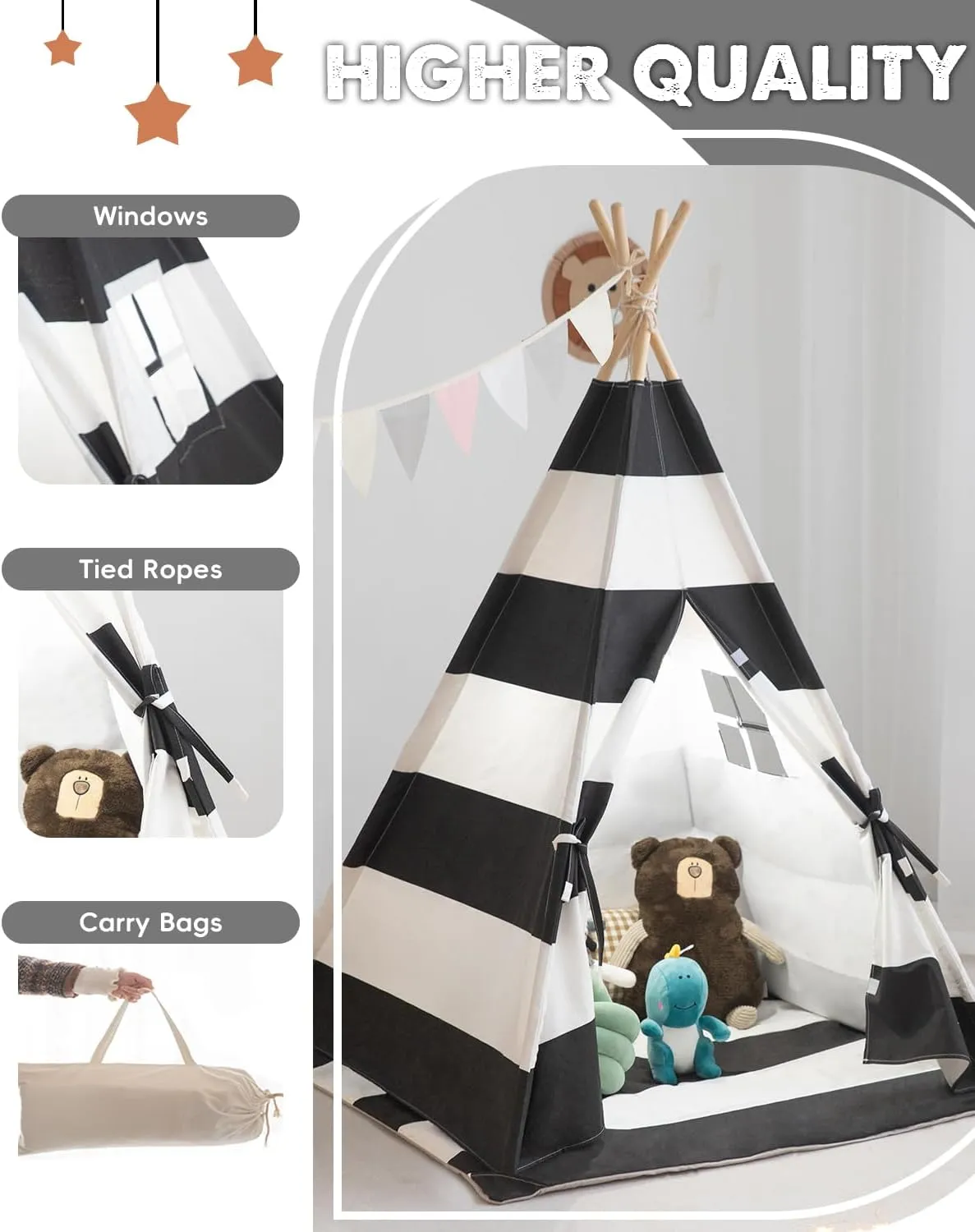 Kids Teepee Tent with Padded Mat,Lights, and Carry Bag,Natural Cotton Canvas Washable Playhouse for Indoor Use,Ideal Play Tent for Girls and Boys (Stripe Black)