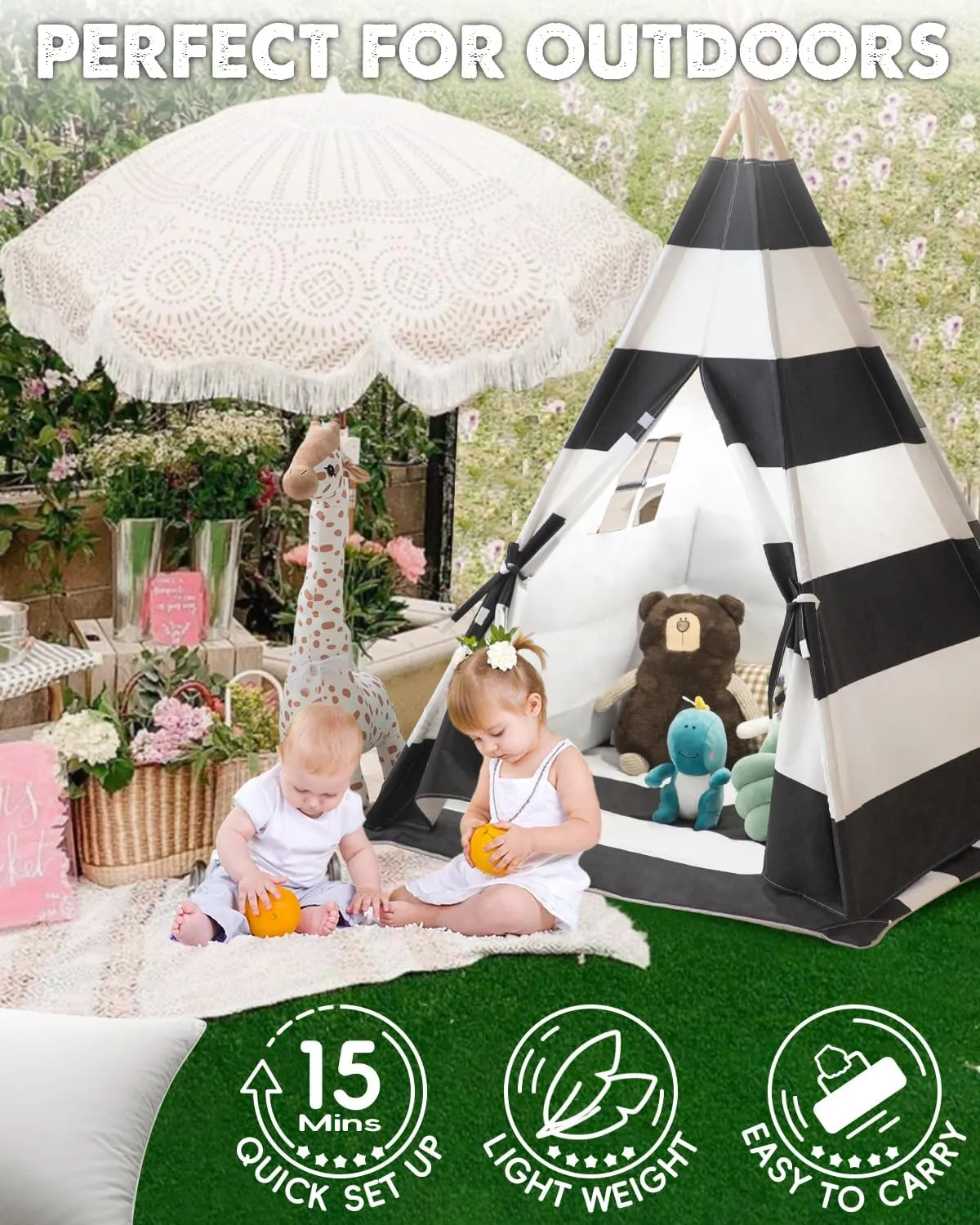 Kids Teepee Tent with Padded Mat,Lights, and Carry Bag,Natural Cotton Canvas Washable Playhouse for Indoor Use,Ideal Play Tent for Girls and Boys (Stripe Black)