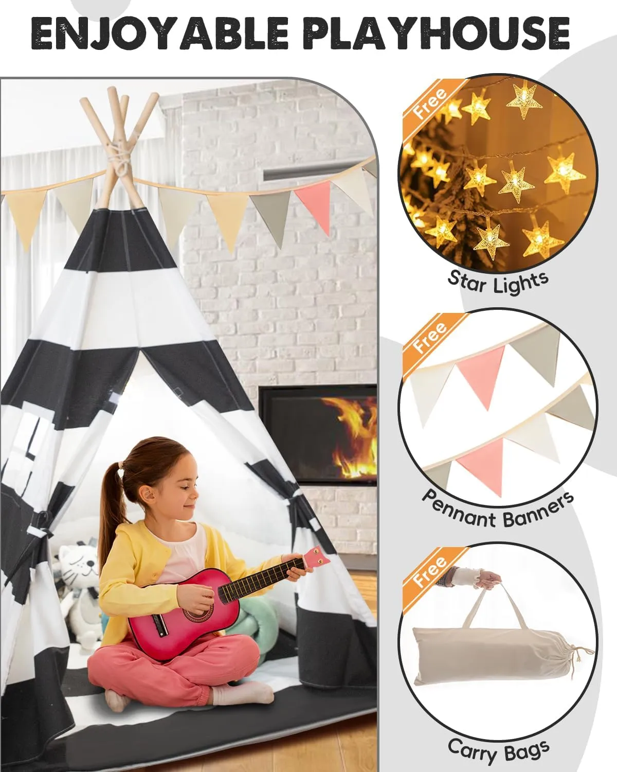 Kids Teepee Tent with Padded Mat,Lights, and Carry Bag,Natural Cotton Canvas Washable Playhouse for Indoor Use,Ideal Play Tent for Girls and Boys (Stripe Black)