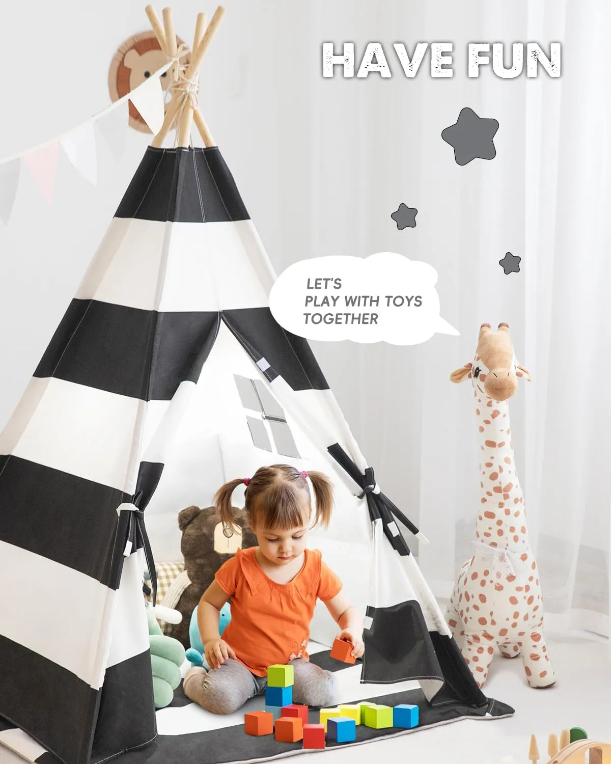 Kids Teepee Tent with Padded Mat,Lights, and Carry Bag,Natural Cotton Canvas Washable Playhouse for Indoor Use,Ideal Play Tent for Girls and Boys (Stripe Black)