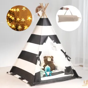 Kids Teepee Tent with Padded Mat,Lights, and Carry Bag,Natural Cotton Canvas Washable Playhouse for Indoor Use,Ideal Play Tent for Girls and Boys (Stripe Black)