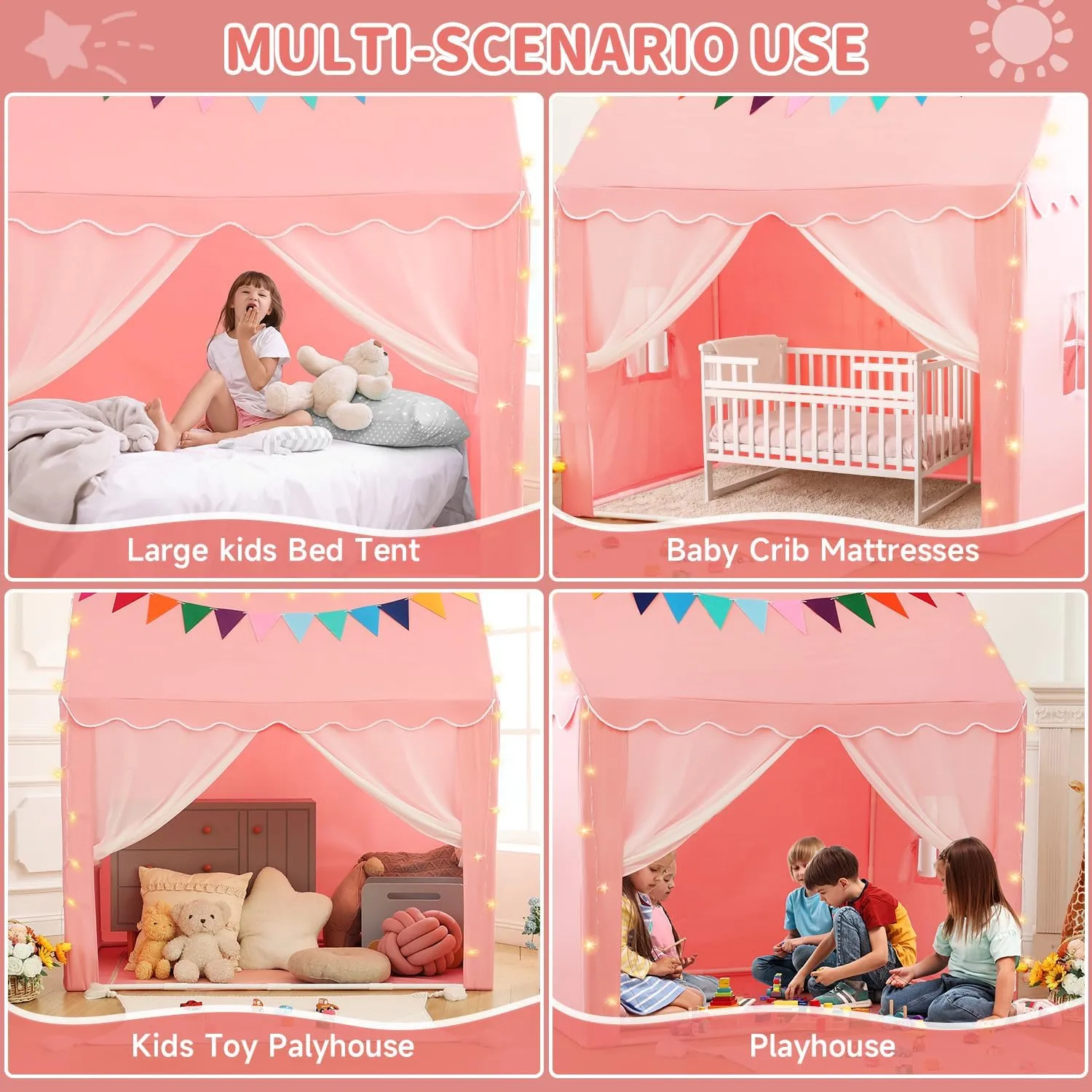Kids Tent Play House - Star Lights, Flags, Pink Princess Castle Playhouse - Large 59''x39''x59''