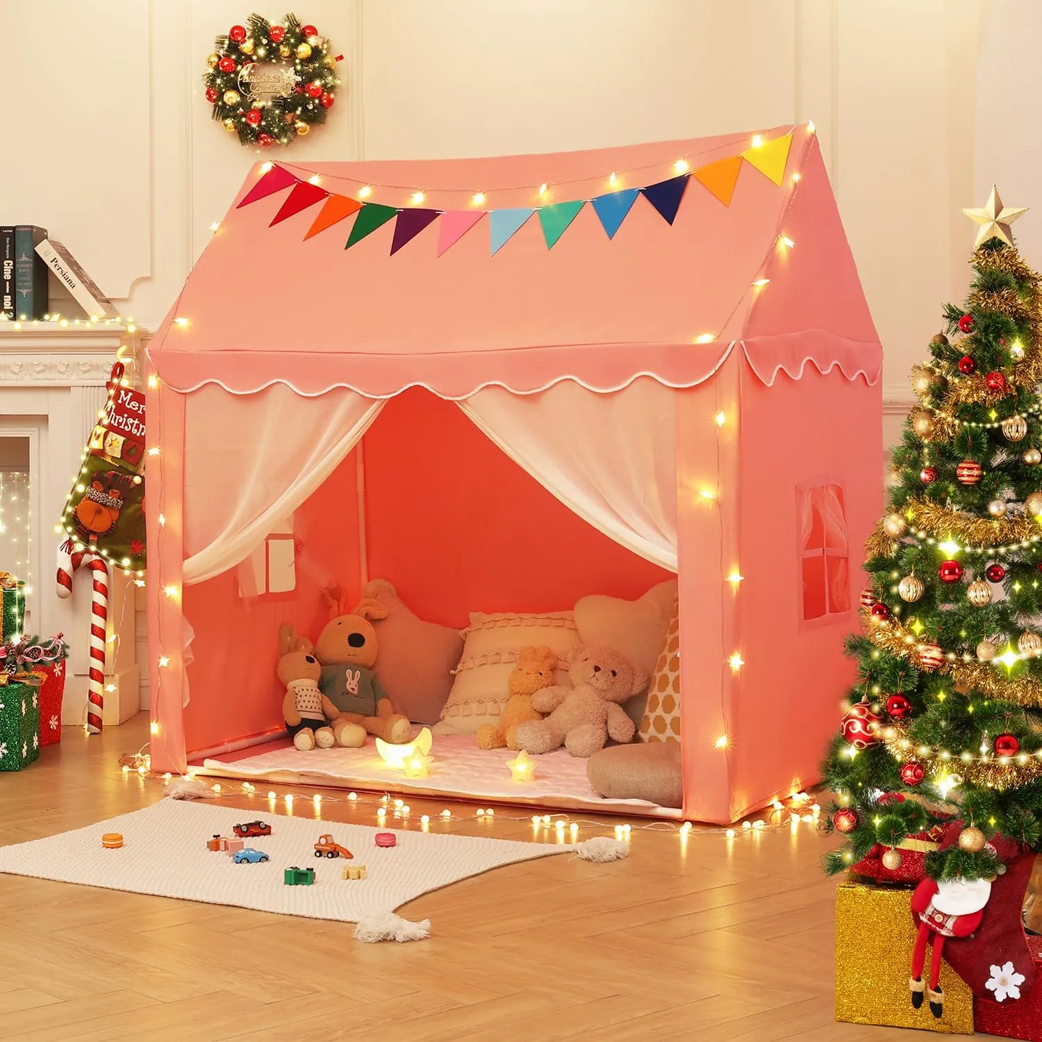 Kids Tent Play House - Star Lights, Flags, Pink Princess Castle Playhouse - Large 59''x39''x59''