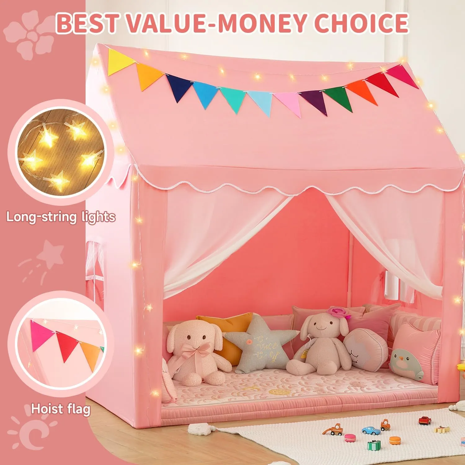 Kids Tent Play House - Star Lights, Flags, Pink Princess Castle Playhouse - Large 59''x39''x59''