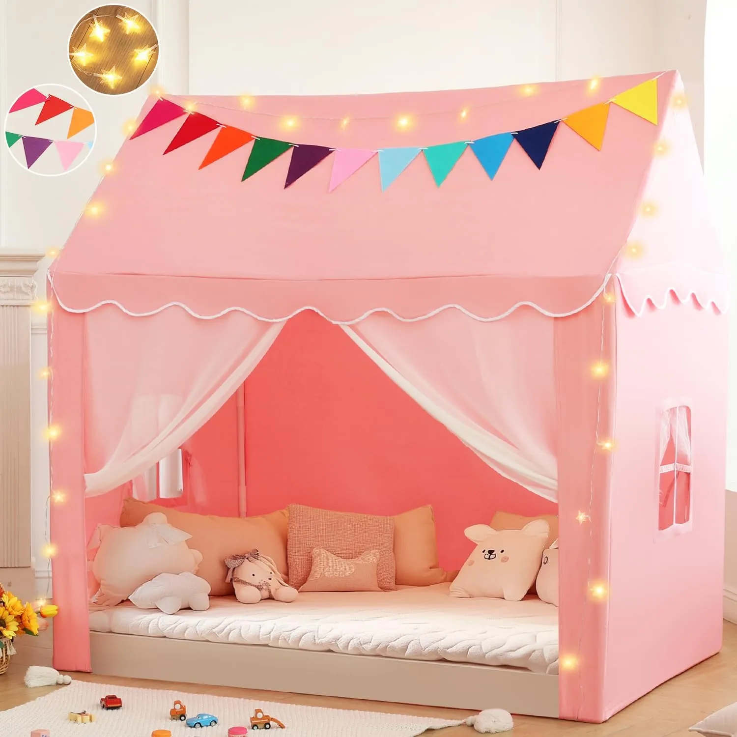 Kids Tent Play House - Star Lights, Flags, Pink Princess Castle Playhouse - Large 59''x39''x59''