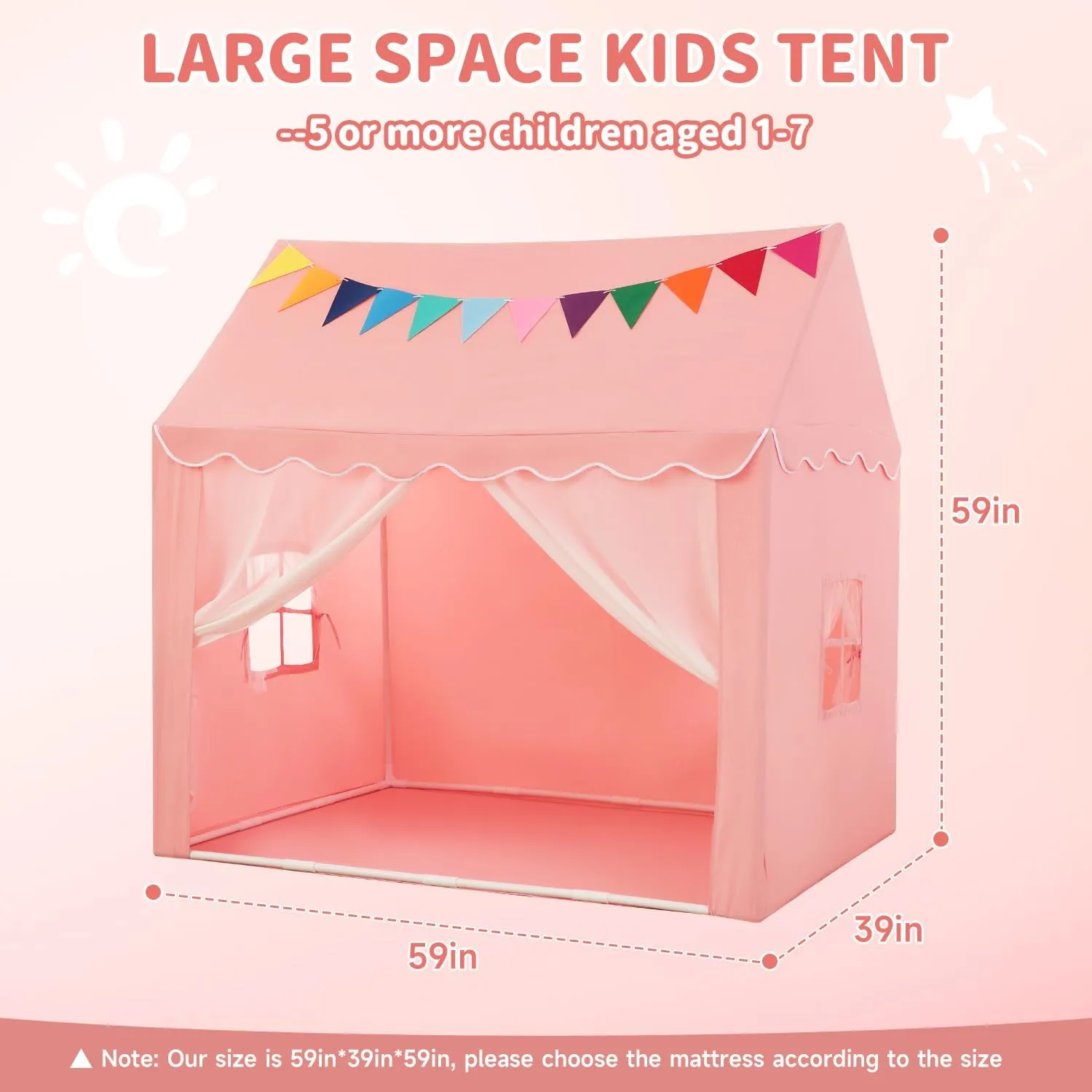Kids Tent Play House - Star Lights, Flags, Pink Princess Castle Playhouse - Large 59''x39''x59''