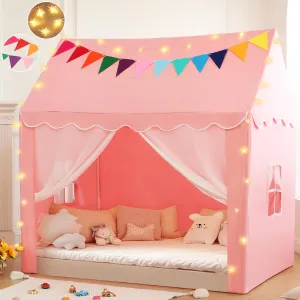 Kids Tent Play House - Star Lights, Flags, Pink Princess Castle Playhouse - Large 59''x39''x59''