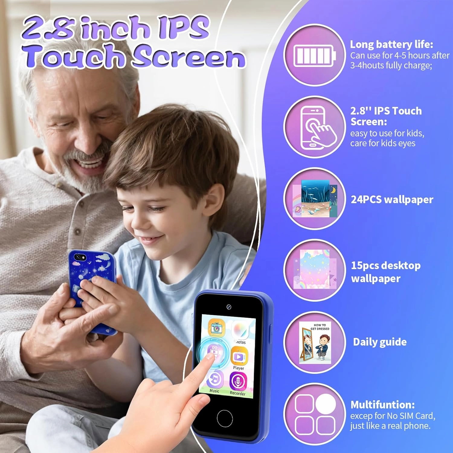 Kids Phone for Age 3~8, Toddler Play& Learning Toy Phone, Xmas Birthday Gift for 3 4 5 6 7 8 Years Old Girl & Boy, Fake Cell Phone with Game, Camera,Alarm,Story, 8GB SD Card (Blue Astronaut)