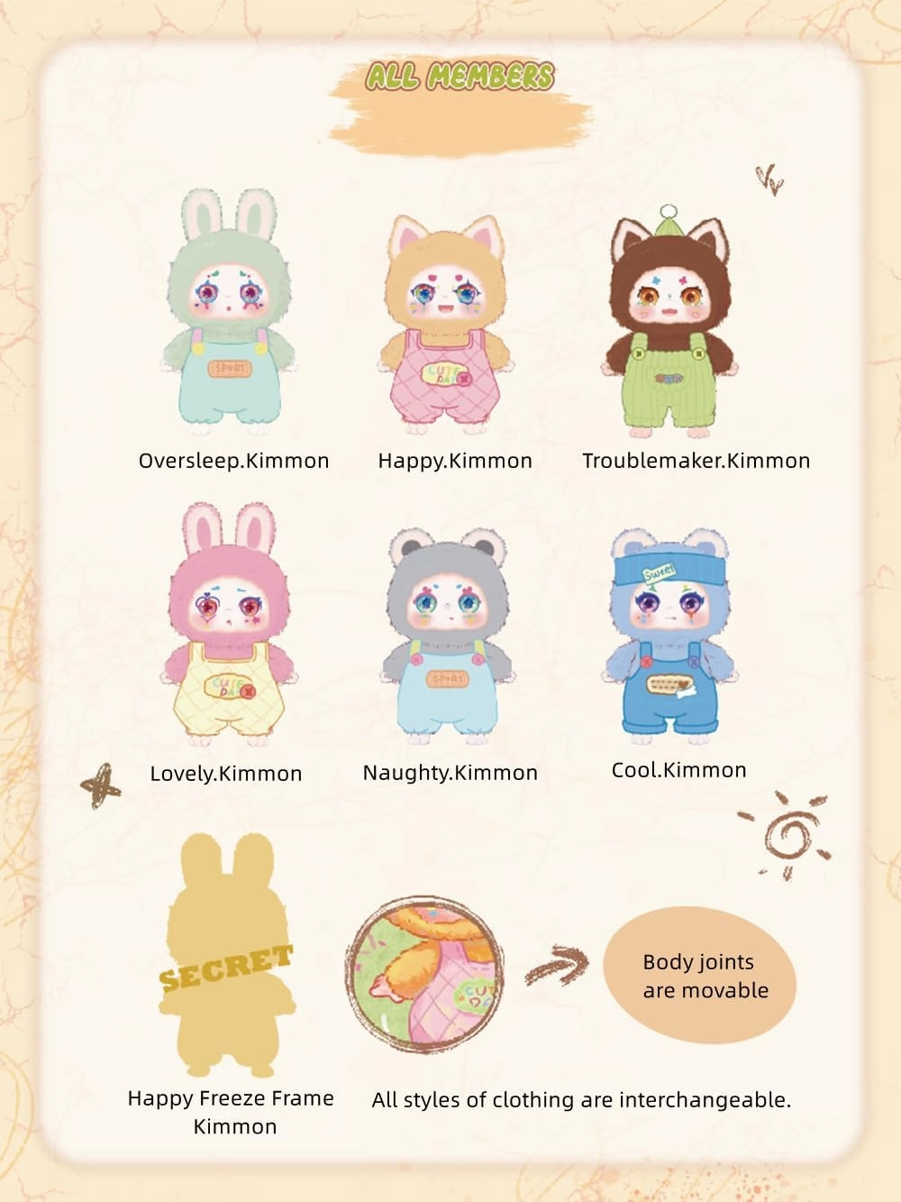Kimmon Plush Doll Blind Box Figures 6Pcs Cute Collectible Toys Kawaii Birthday Gifts