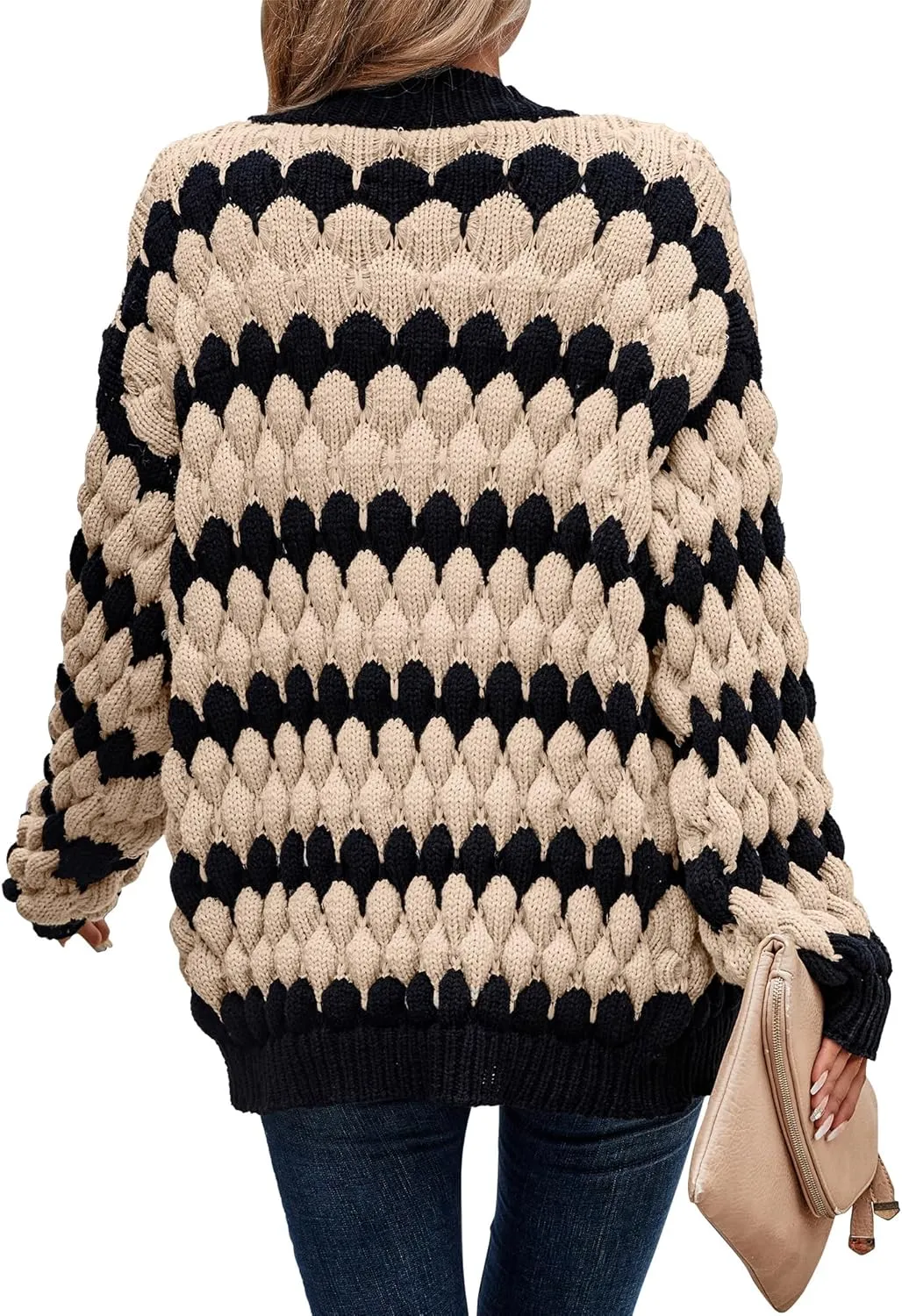 KIRUNDO Womens Cardigan Fall Fashion Lantern Sleeve Open Front Striped Color Block Loose Cable Knit Winter Sweater Coats