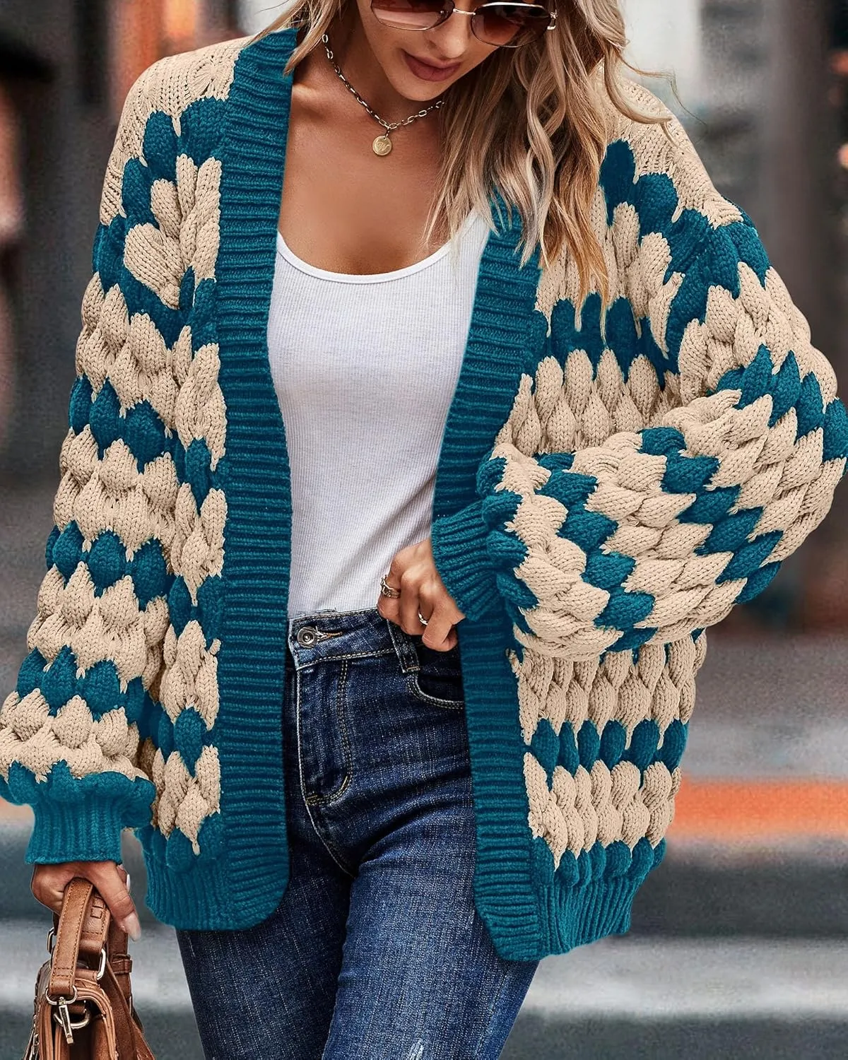 KIRUNDO Womens Cardigan Fall Fashion Lantern Sleeve Open Front Striped Color Block Loose Cable Knit Winter Sweater Coats