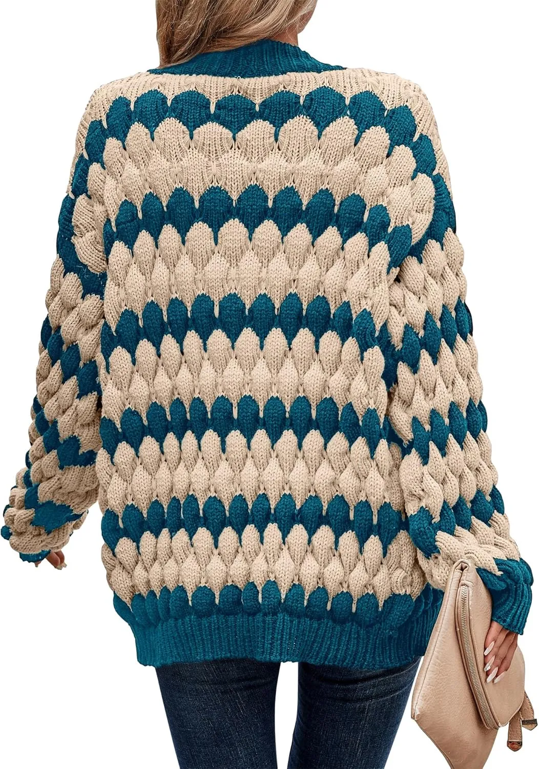 KIRUNDO Womens Cardigan Fall Fashion Lantern Sleeve Open Front Striped Color Block Loose Cable Knit Winter Sweater Coats