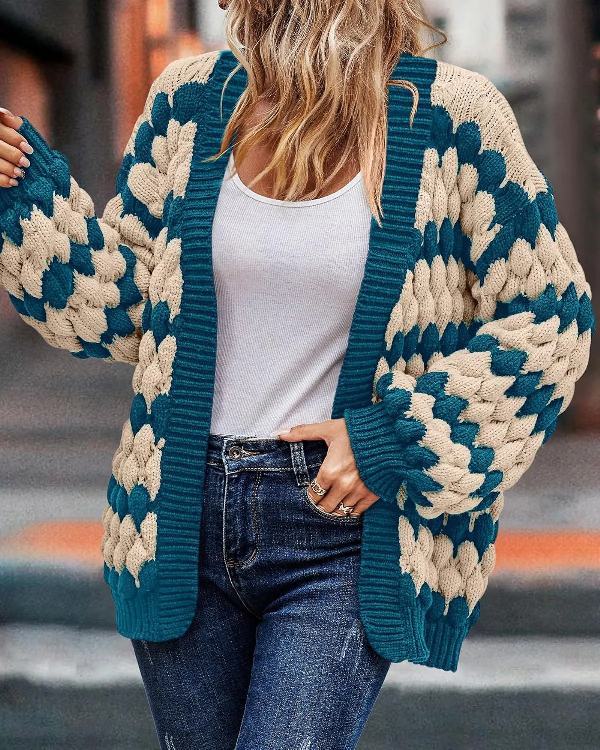 KIRUNDO Womens Cardigan Fall Fashion Lantern Sleeve Open Front Striped Color Block Loose Cable Knit Winter Sweater Coats