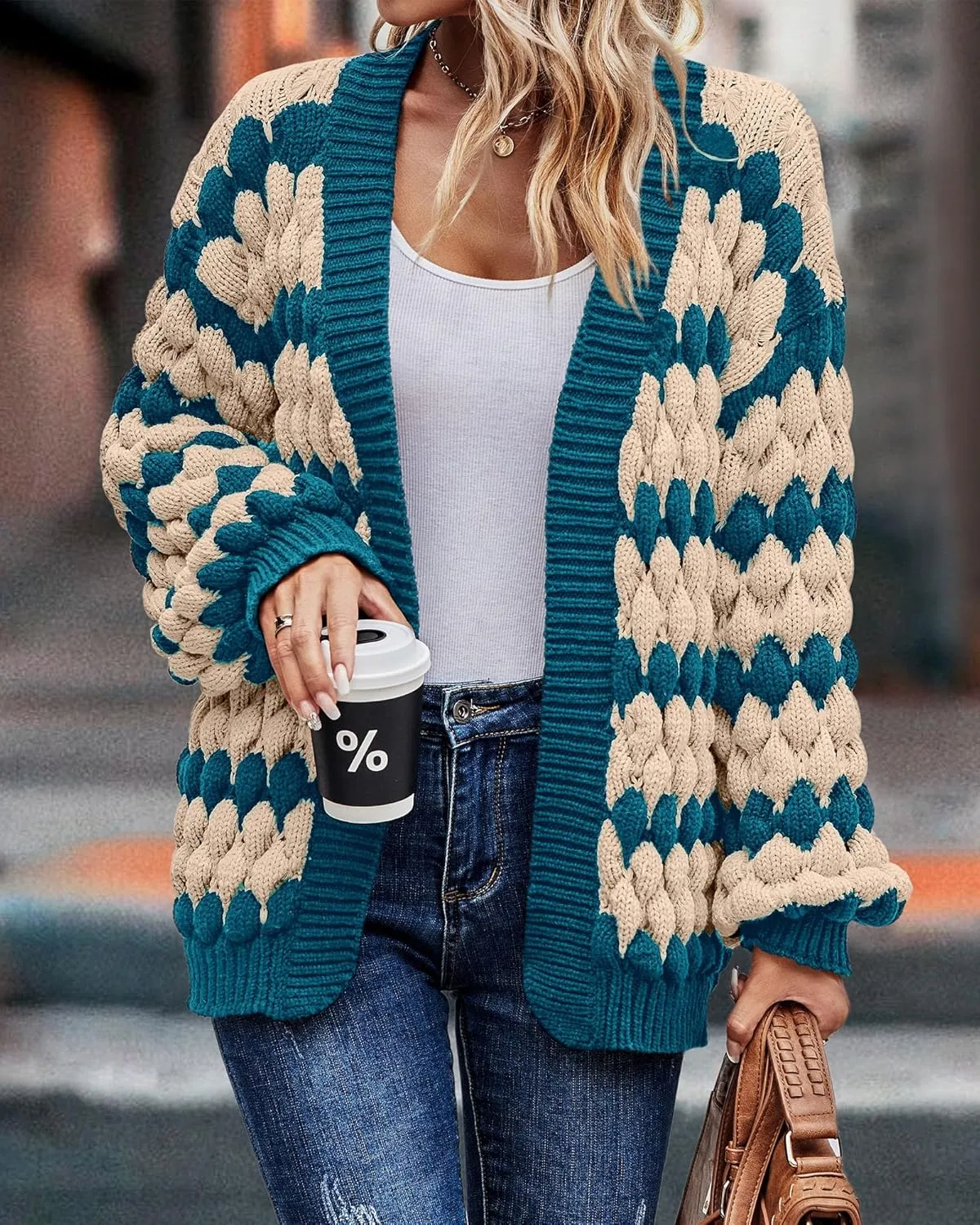 KIRUNDO Womens Cardigan Fall Fashion Lantern Sleeve Open Front Striped Color Block Loose Cable Knit Winter Sweater Coats