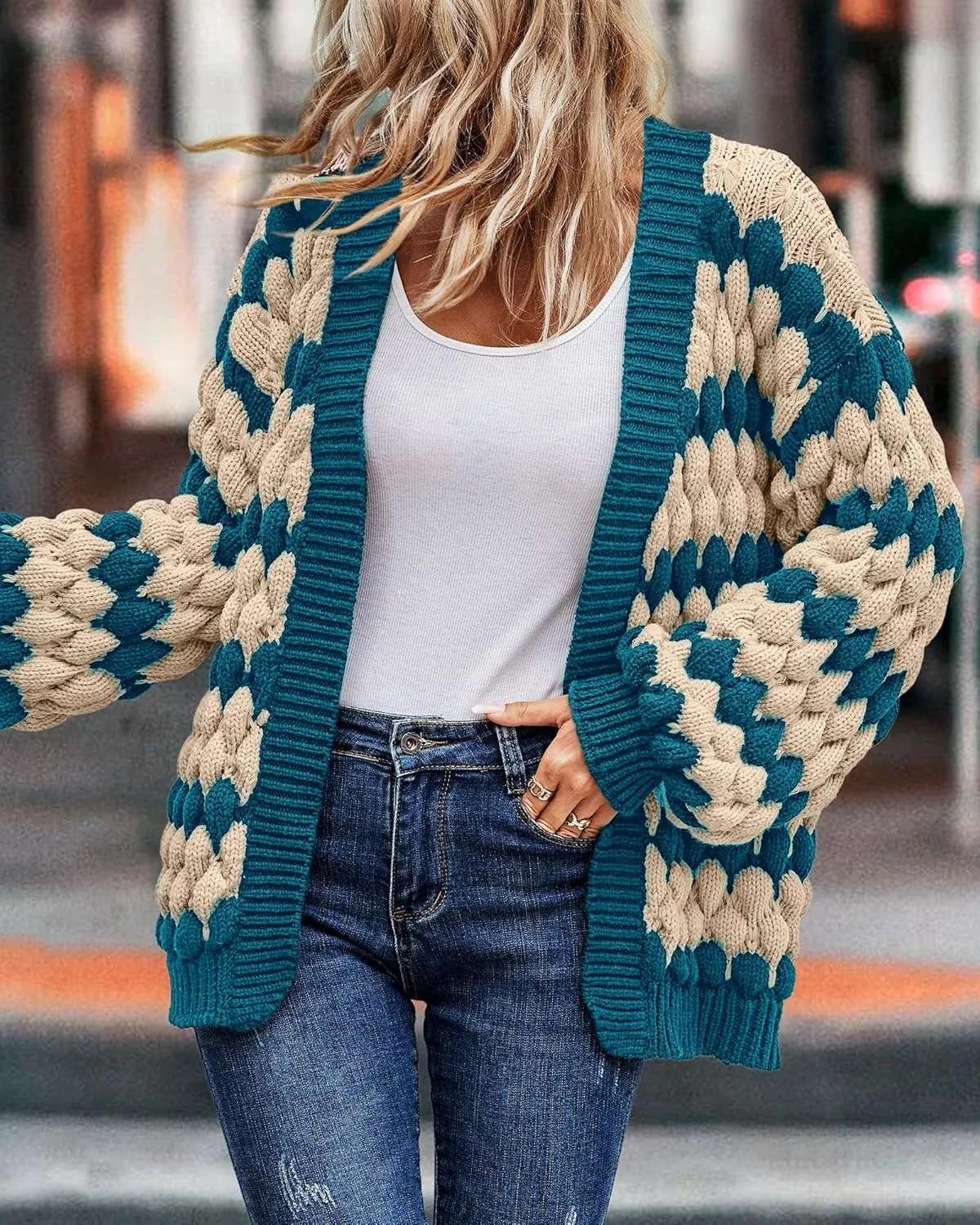 KIRUNDO Womens Cardigan Fall Fashion Lantern Sleeve Open Front Striped Color Block Loose Cable Knit Winter Sweater Coats