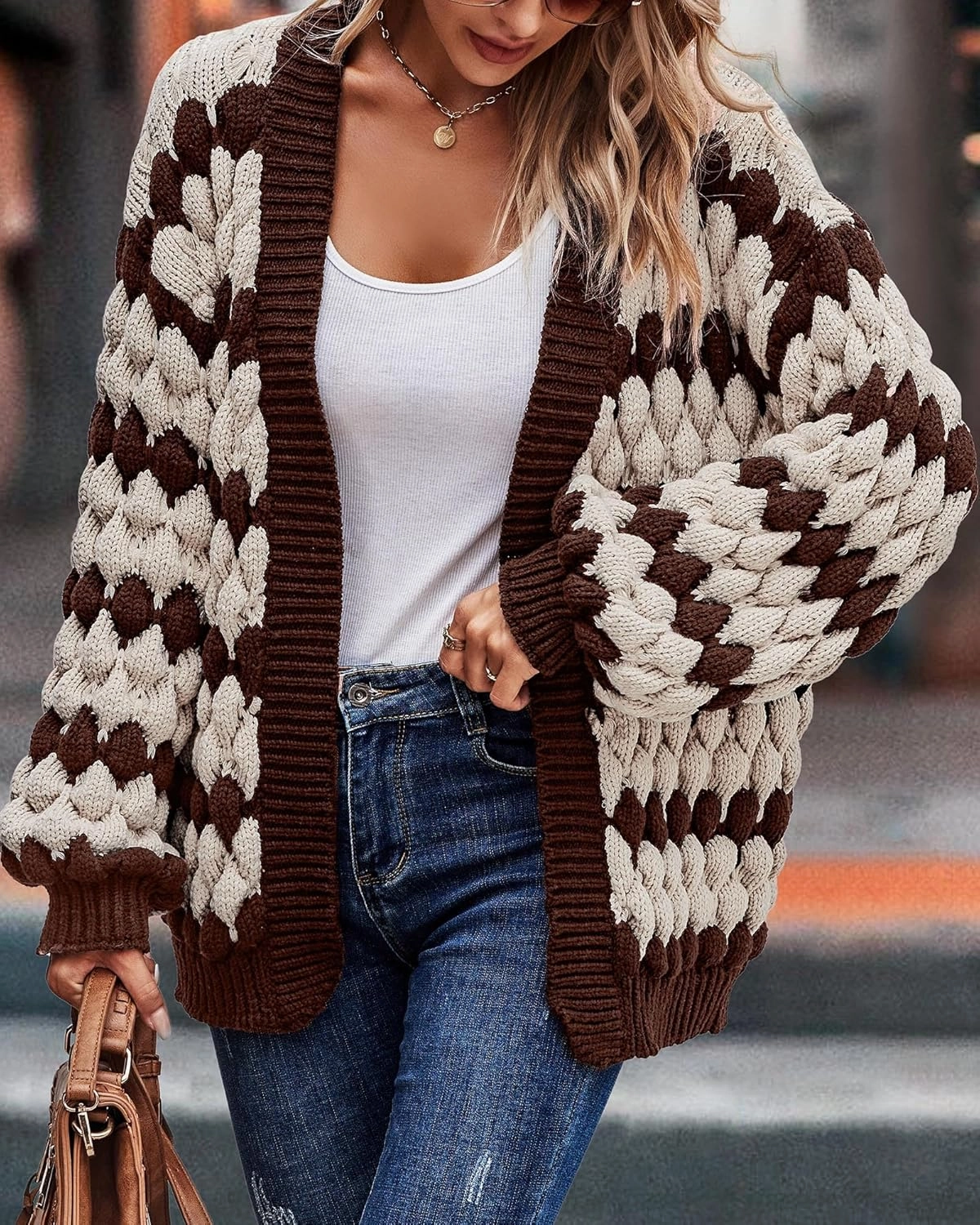KIRUNDO Womens Cardigan Fall Fashion Lantern Sleeve Open Front Striped Color Block Loose Cable Knit Winter Sweater Coats