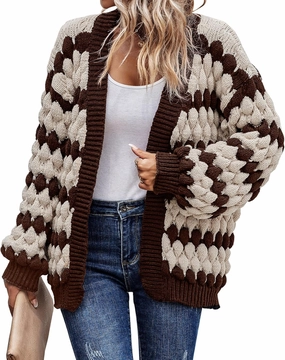 KIRUNDO Womens Cardigan Fall Fashion Lantern Sleeve Open Front Striped Color Block Loose Cable Knit Winter Sweater Coats