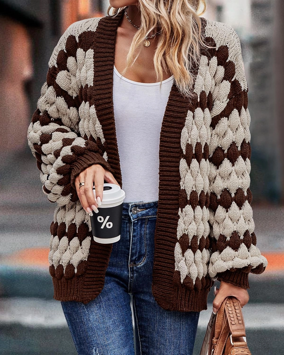 KIRUNDO Womens Cardigan Fall Fashion Lantern Sleeve Open Front Striped Color Block Loose Cable Knit Winter Sweater Coats