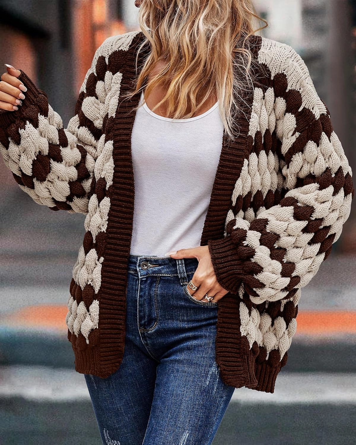 KIRUNDO Womens Cardigan Fall Fashion Lantern Sleeve Open Front Striped Color Block Loose Cable Knit Winter Sweater Coats