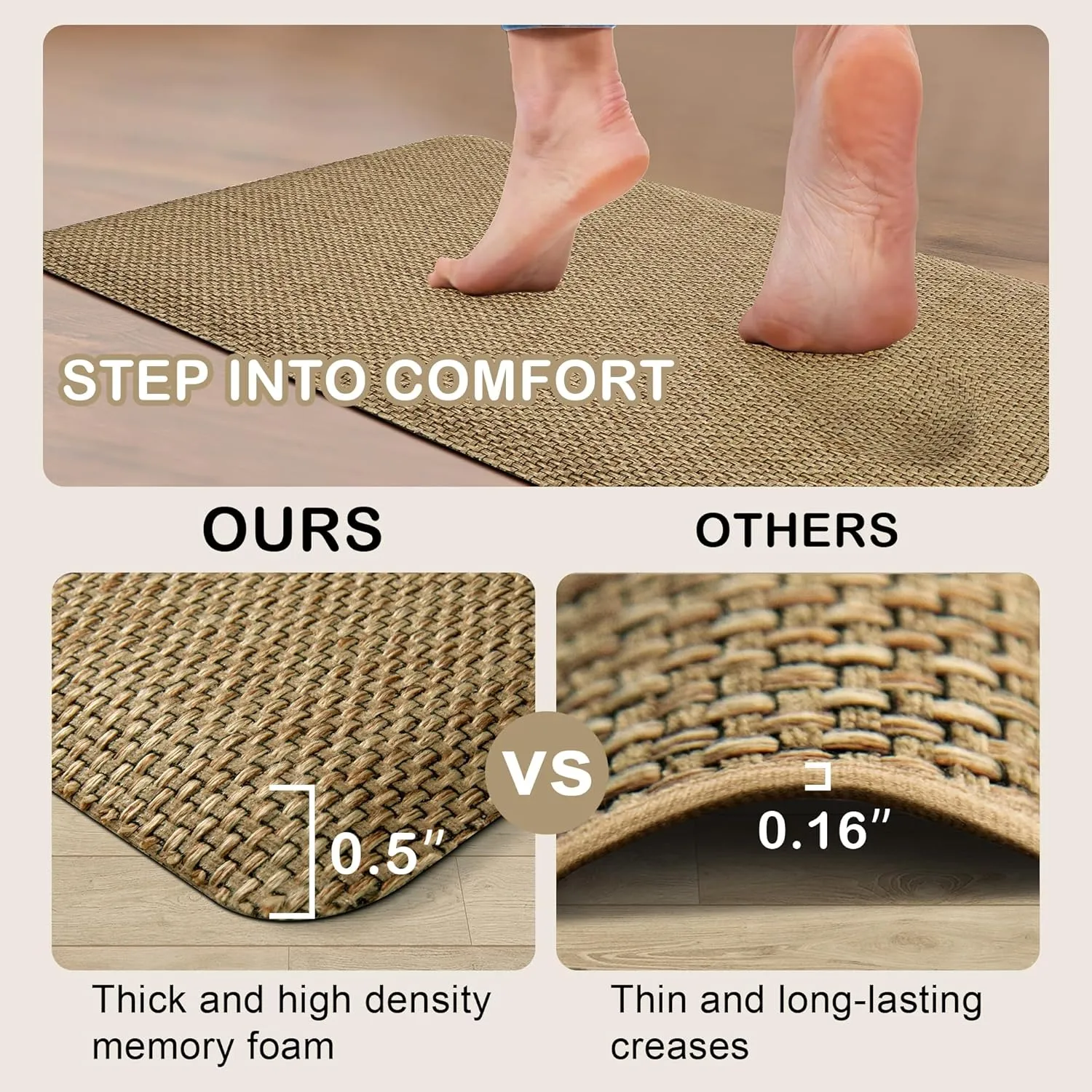 Kitchen Mats 2PCS Cushioned Anti-Fatigue Kitchen Mats for Floor Non Slip Kitchen Rugs Absorbent Memory Foam Comfort Standing Mat for Front of Sink, Office, Laundry(Beige, 17.3"x28" 17.3"x47")