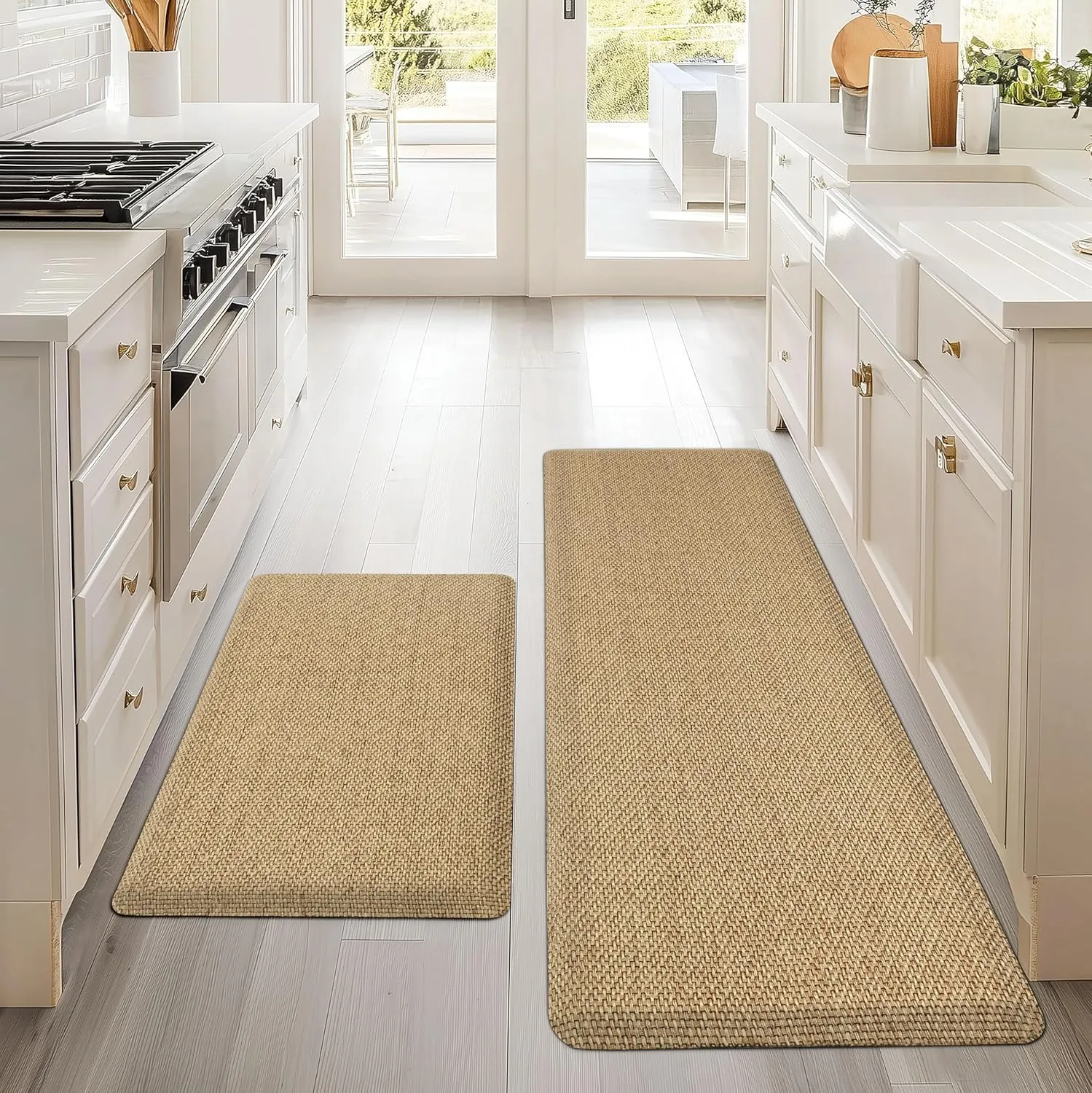 Kitchen Mats 2PCS Cushioned Anti-Fatigue Kitchen Mats for Floor Non Slip Kitchen Rugs Absorbent Memory Foam Comfort Standing Mat for Front of Sink, Office, Laundry(Beige, 17.3"x28" 17.3"x47")