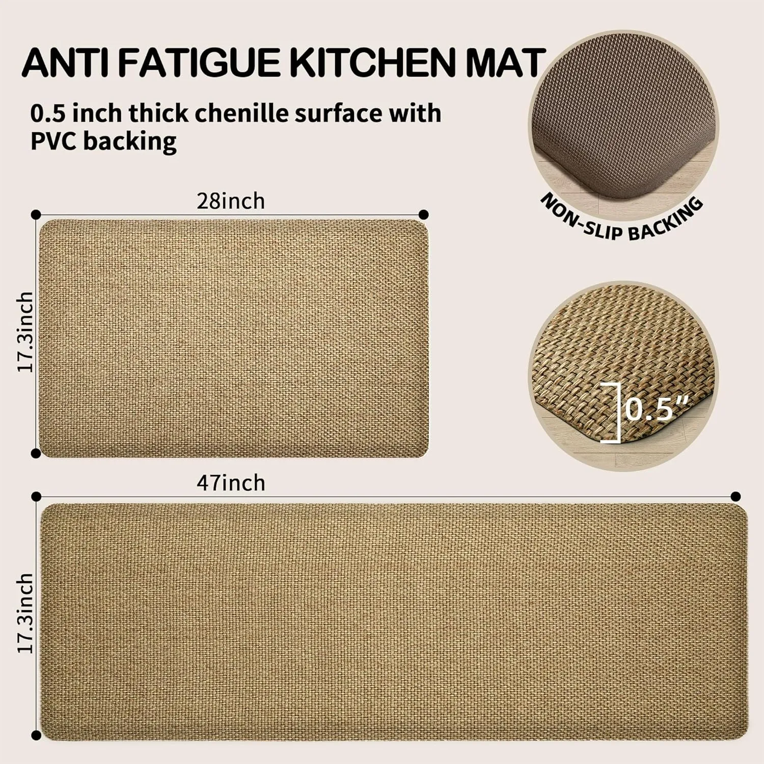 Kitchen Mats 2PCS Cushioned Anti-Fatigue Kitchen Mats for Floor Non Slip Kitchen Rugs Absorbent Memory Foam Comfort Standing Mat for Front of Sink, Office, Laundry(Beige, 17.3"x28" 17.3"x47")