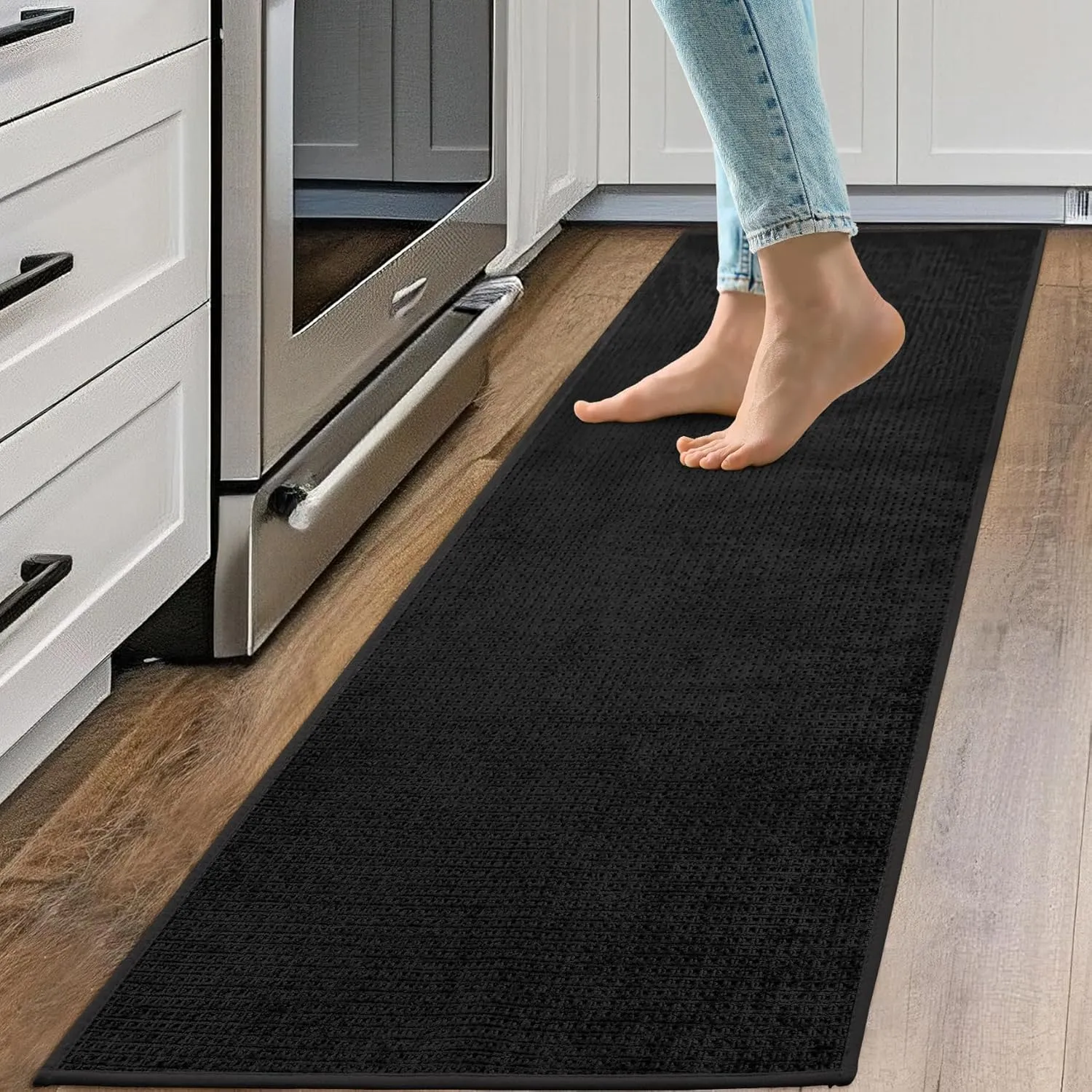 Kitchen Rugs and Mats Non Slip Washable Absorbent Kitchen Runner Rug Non Skid Rubber Backing Kitchen Mats for Floor Standing Mat Rugs for Kitchen, Front of Sink, Hallway, Laundry, 20"x60", Black