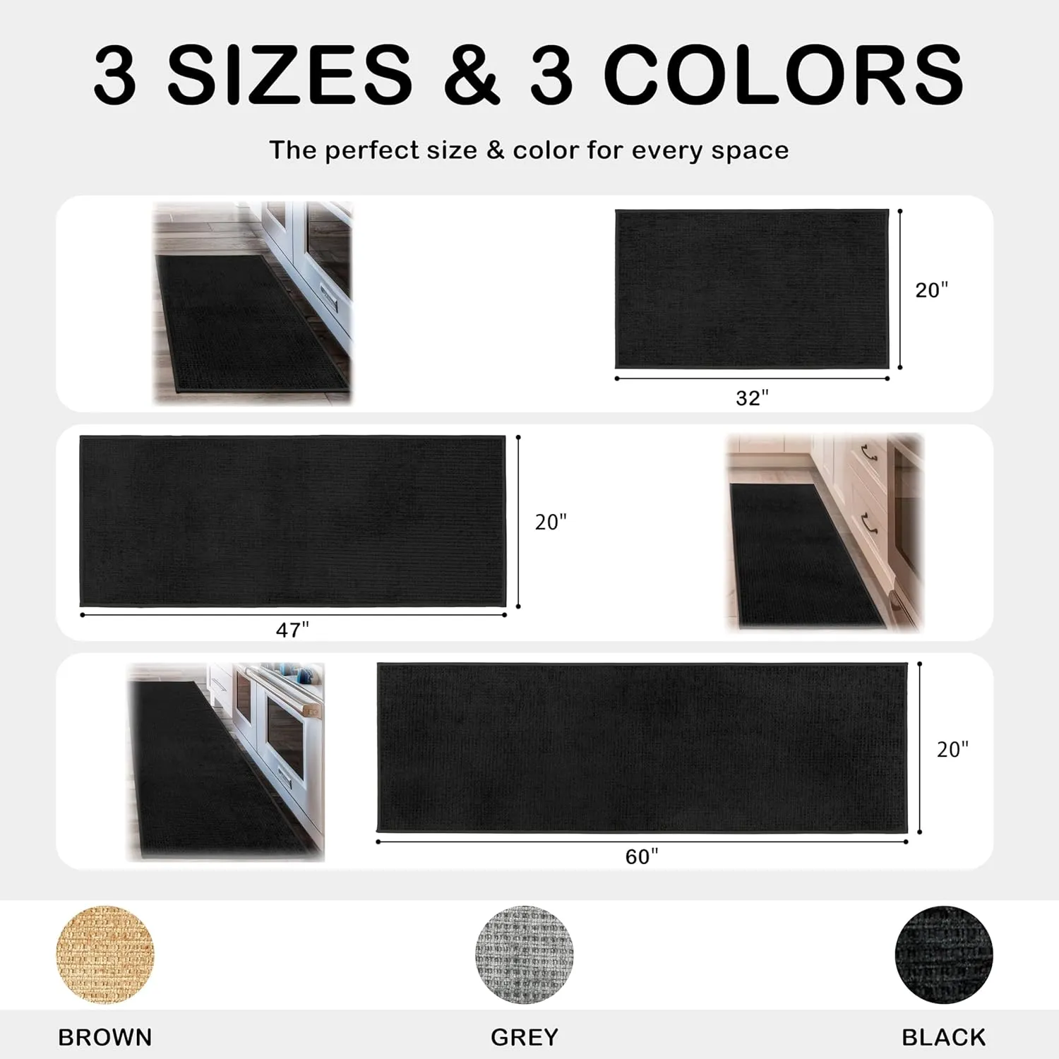 Kitchen Rugs and Mats Non Slip Washable Absorbent Kitchen Runner Rug Non Skid Rubber Backing Kitchen Mats for Floor Standing Mat Rugs for Kitchen, Front of Sink, Hallway, Laundry, 20"x60", Black