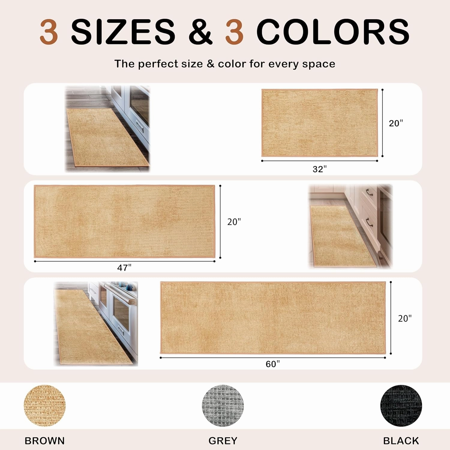 Kitchen Rugs and Mats Non Slip Washable Absorbent Kitchen Runner Rug Non Skid Rubber Backing Kitchen Mats for Floor Standing Mat Rugs for Kitchen, Front of Sink, Hallway, Laundry, 20"x60", Beige
