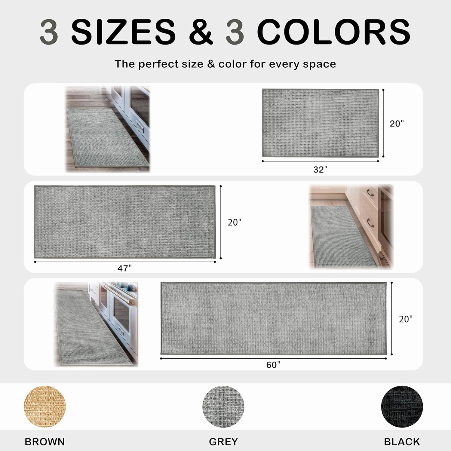 Kitchen Rugs and Mats Non Slip Washable Absorbent Kitchen Runner Rug Non Skid Rubber Backing Kitchen Mats for Floor Standing Mat Rugs for Kitchen, Front of Sink, Hallway, Laundry, 20"x60", Grey