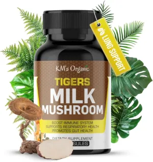 KM's Organic Tiger’s Milk Mushroom Supplement 10:1 Extract (Lignosus Rhinocerus) – Respiratory & Immune Support, Gut Health – 450 mg, 90 Vegan Capsules