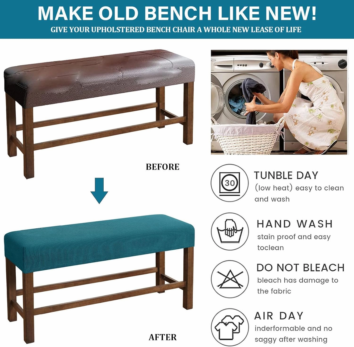 Knitted Dining Bench Cover, Stretch Bench Covers for Dining Room Spandex Removable Bench Slipcover Washable Rectangle Bench Seat Protector Cover-Teal-X-Large