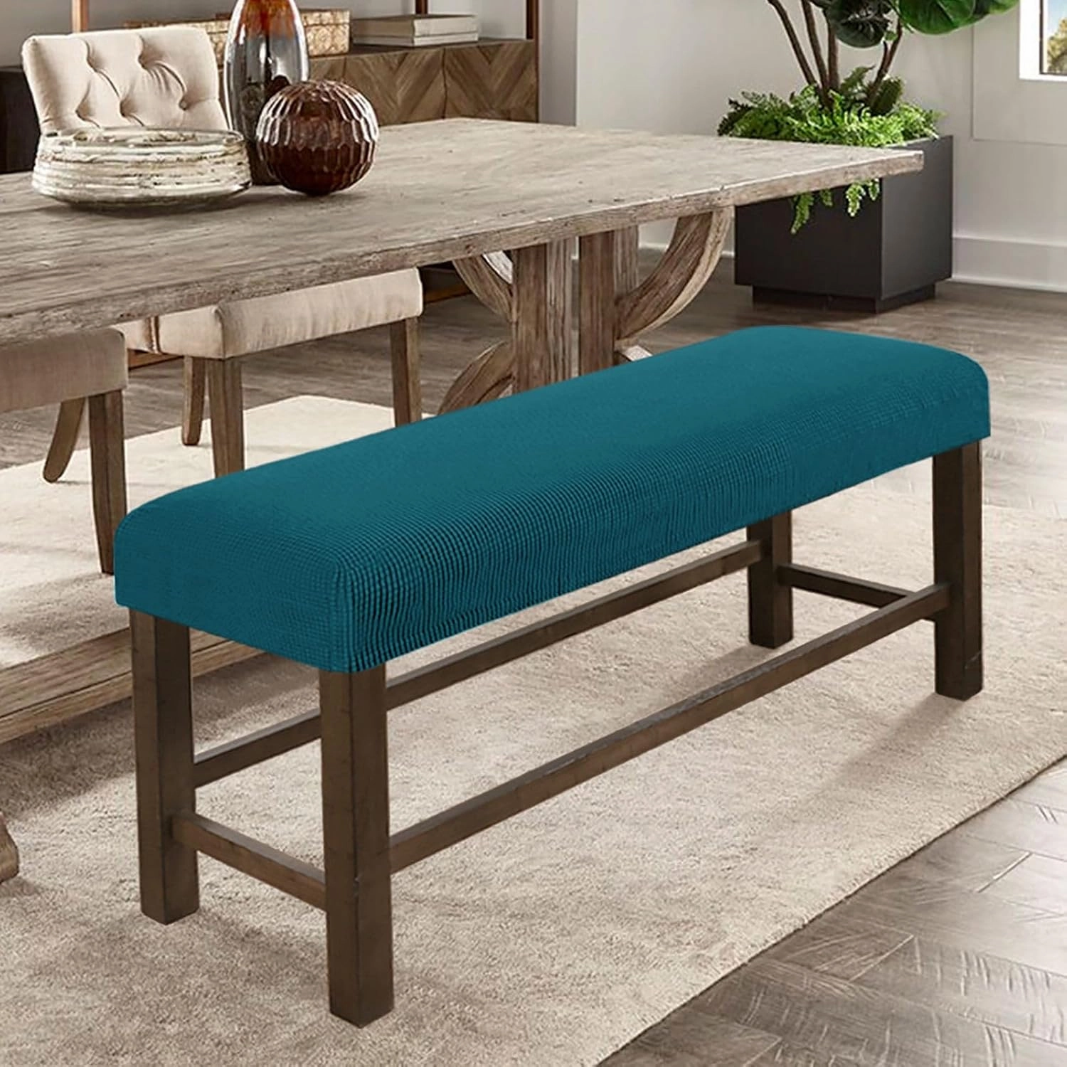 Knitted Dining Bench Cover, Stretch Bench Covers for Dining Room Spandex Removable Bench Slipcover Washable Rectangle Bench Seat Protector Cover-Teal-X-Large