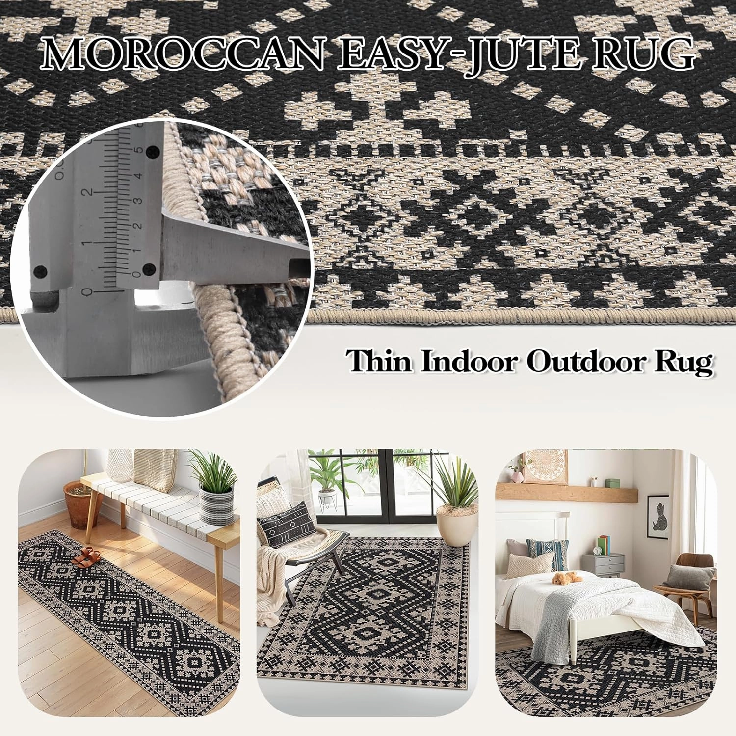 Lahome Moroccan Easy Jute Outdoor Runner Rug, 2x8 Washable Hallway Kitchen Runner Black Runner Rug with Rubber Backing, Farmhouse Indoor Outdoor Carpet Runners for Hallway 8ft Entryway Porch