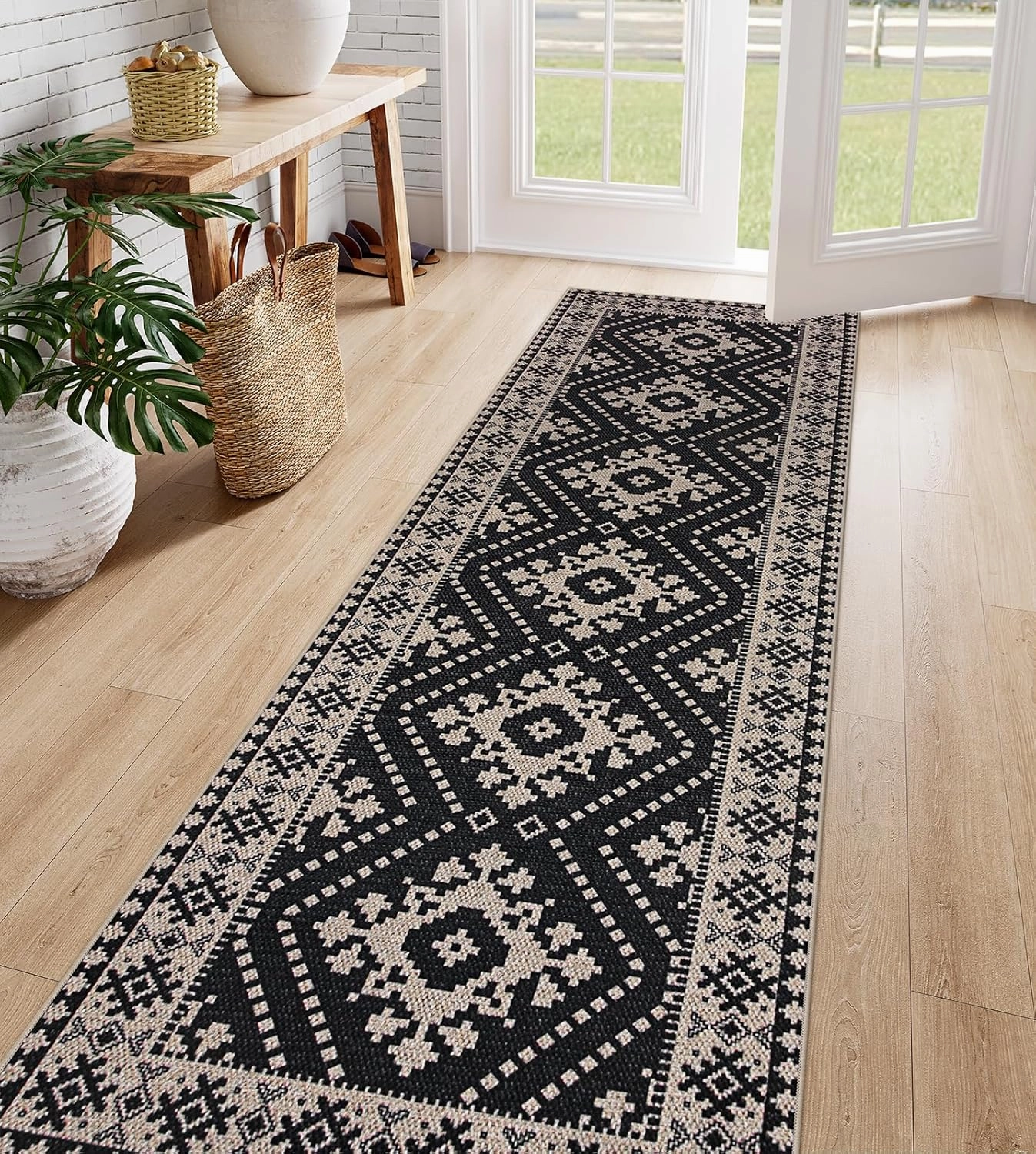 Lahome Moroccan Easy Jute Outdoor Runner Rug, 2x8 Washable Hallway Kitchen Runner Black Runner Rug with Rubber Backing, Farmhouse Indoor Outdoor Carpet Runners for Hallway 8ft Entryway Porch