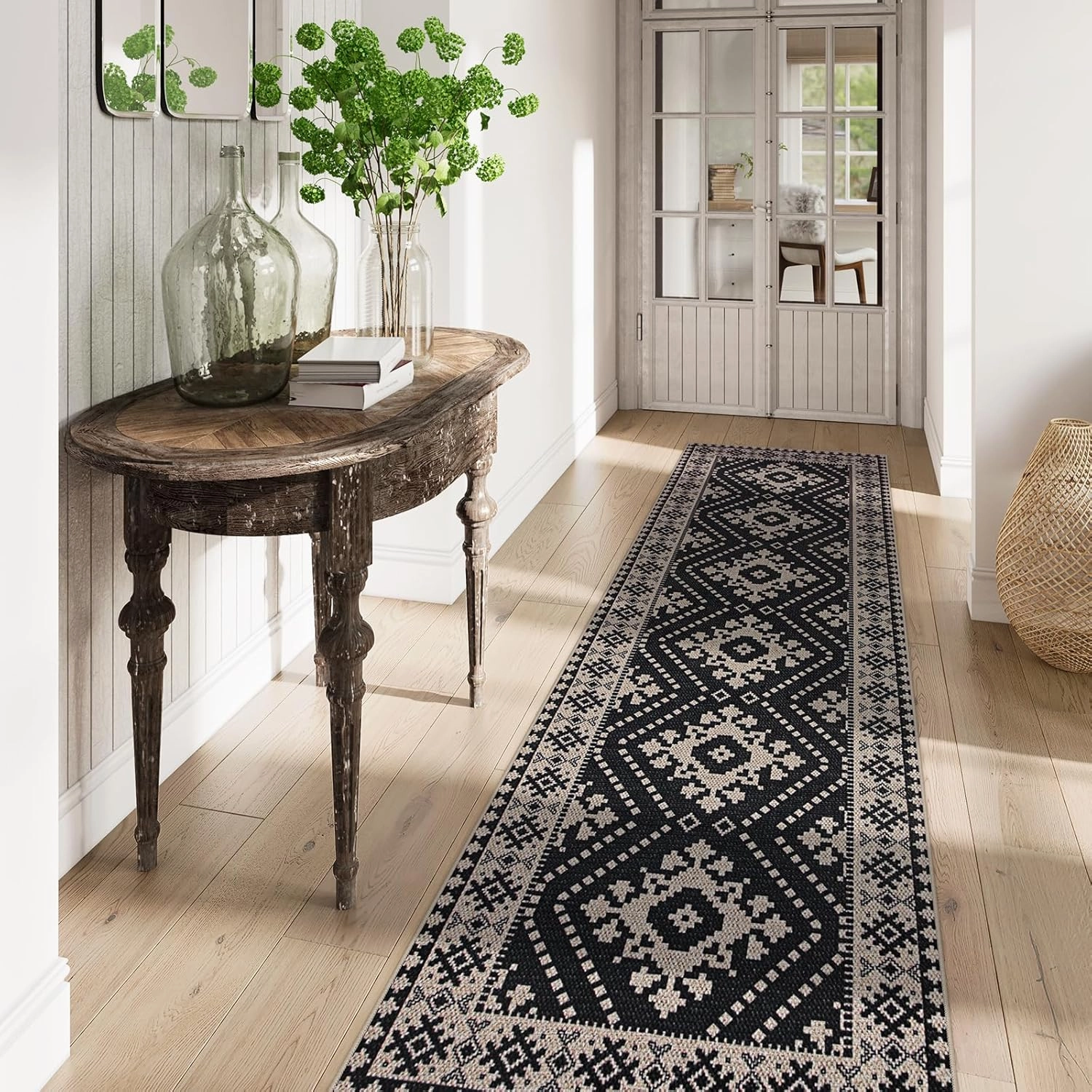 Lahome Moroccan Easy Jute Outdoor Runner Rug, 2x8 Washable Hallway Kitchen Runner Black Runner Rug with Rubber Backing, Farmhouse Indoor Outdoor Carpet Runners for Hallway 8ft Entryway Porch