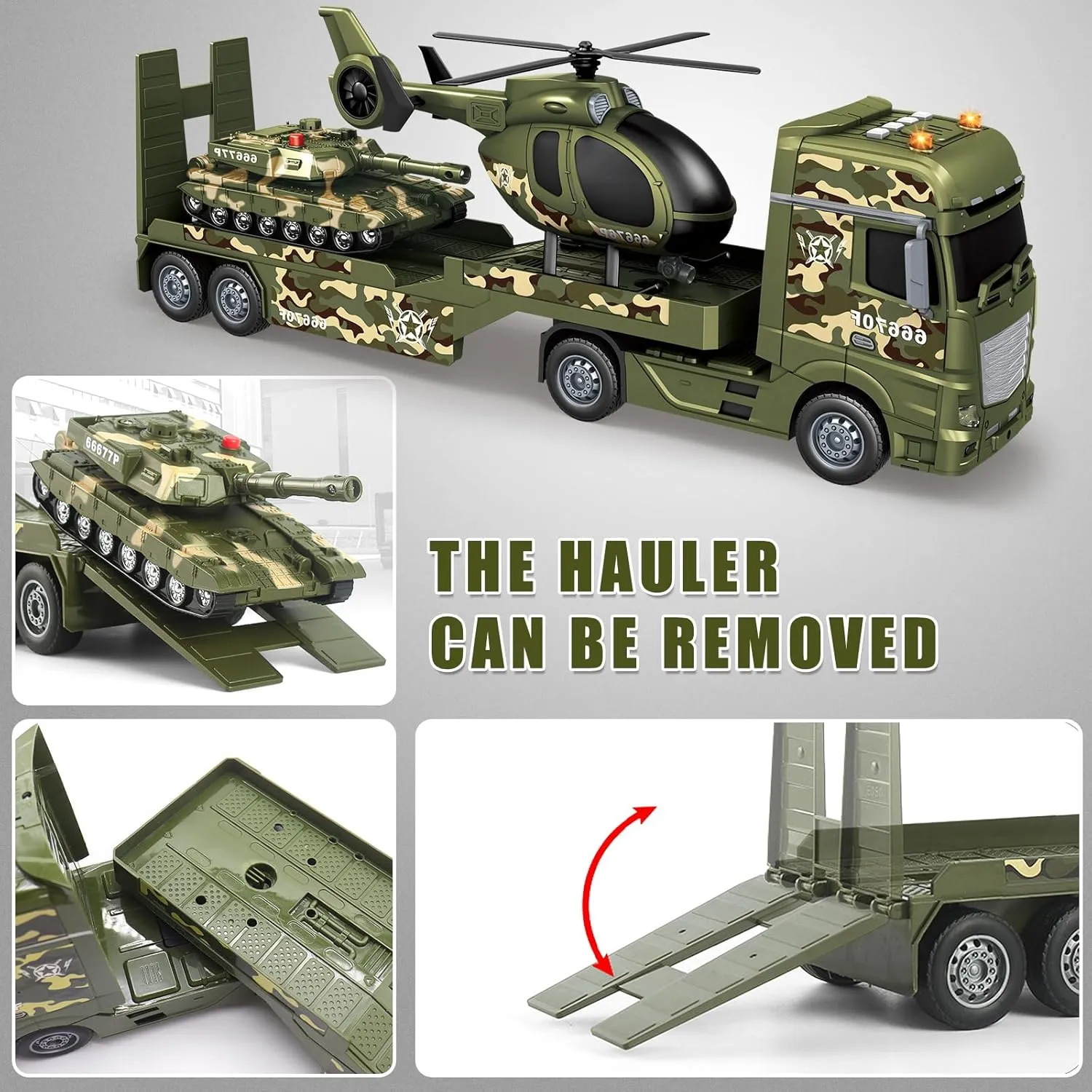 Large Flatbed Semi Truck, 25.6’’ Large Army Truck Toy with Helicopter and Tank, Friction Powered Military Transport Truck Toy with Light & Sounds, Army Toys Birthday Gift for Kids Aged 3-8